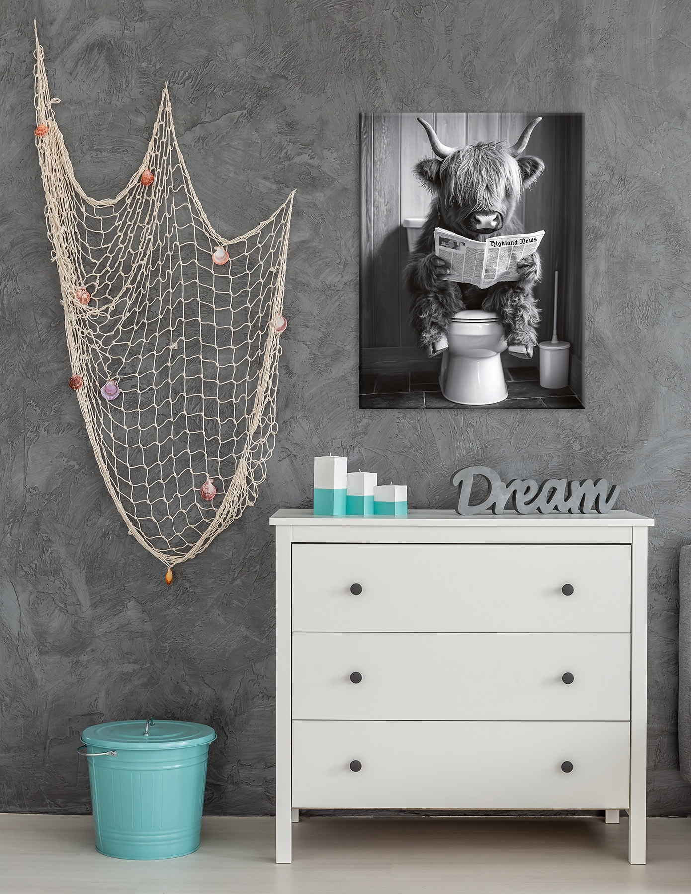 Bönninghoff Leinwandbild »Wandbild HOCHLANDRIND AUF WC 46x61 cm – Leinwandbild Keilrahmen Deko« Hochlandrind | Humor | Kuh | Kuhbilder | Kühe | Schwarz-Weiß | Tiere 1 Stk. tlg. auf Keilrahmen gespannt