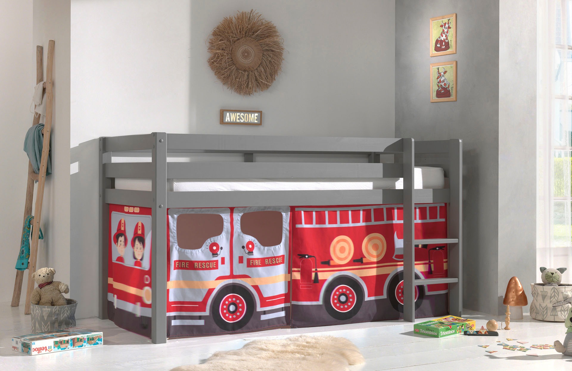 Vipack Spielbett »Vipack Pino«, (Made in Europe), mit Textil-Set, inkl. Rolllattenrost, in Natur, Weiß oder Grau