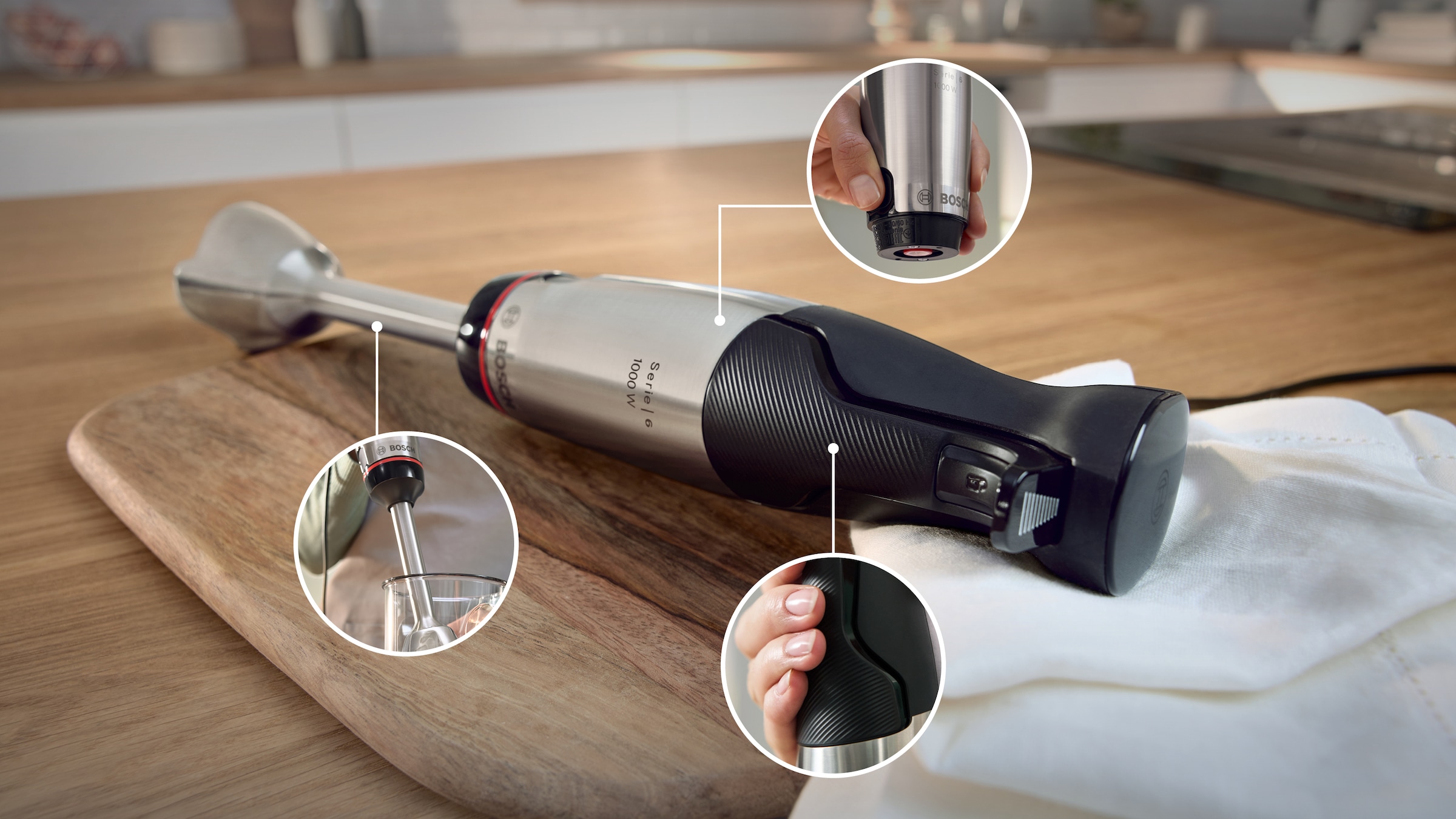 BOSCH Stabmixer »ErgoMaster Serie 6 MSM6M633, Zerkleinerer, Kartoffelstampfer, Edelst.«, 1000 W, Schneebesen, Becher, Metallkuplung, Luftkühlung, 10Jahre Motorgarantie