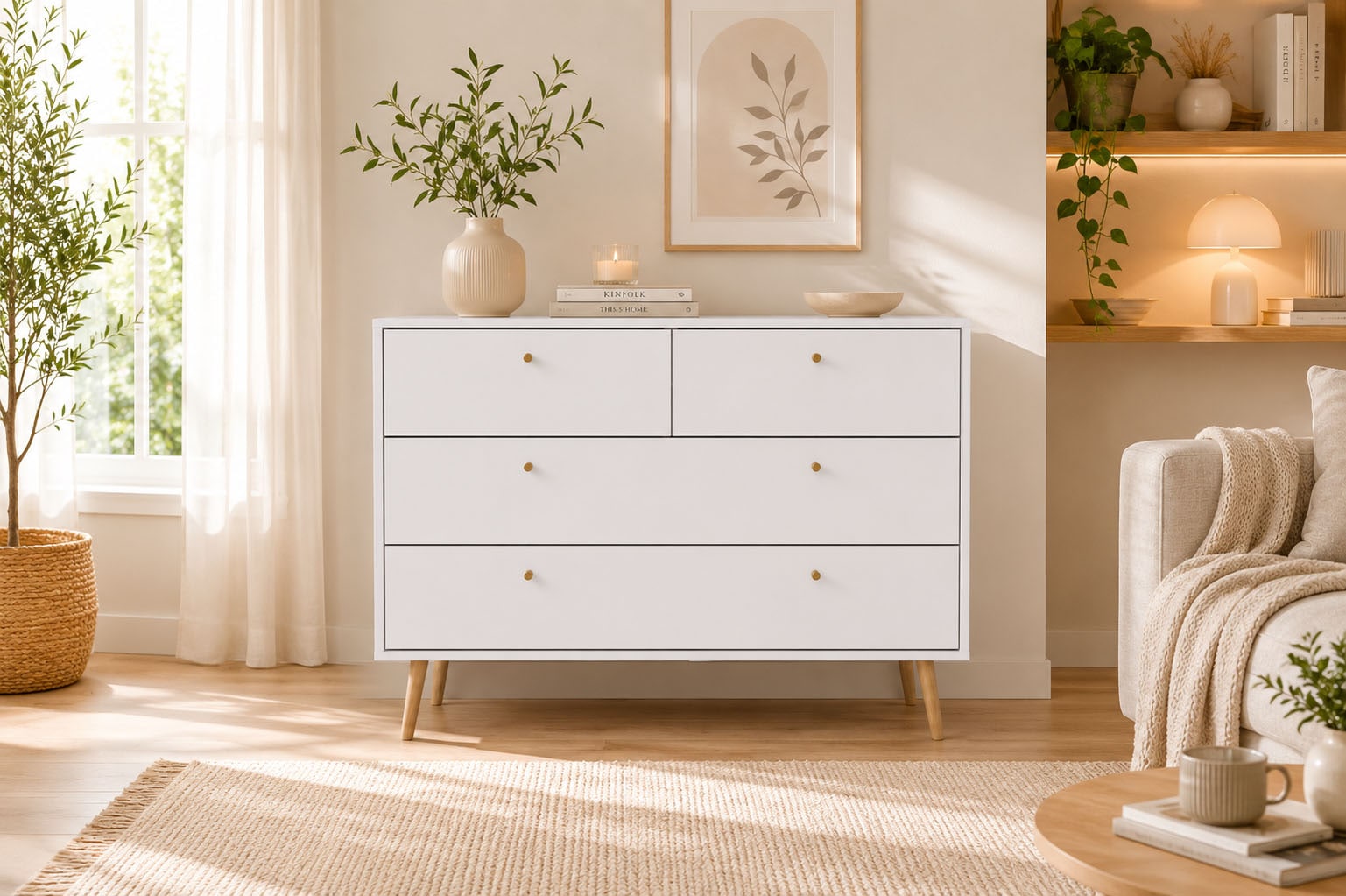 Home affaire Kommode »Bodo, Aufbewahrung, Schubladenschrank, Stauraum, modern, Breite 99 cm« 4 Schubladen, Weiß oder Schwarz, Beine und Griffe aus Echtholz