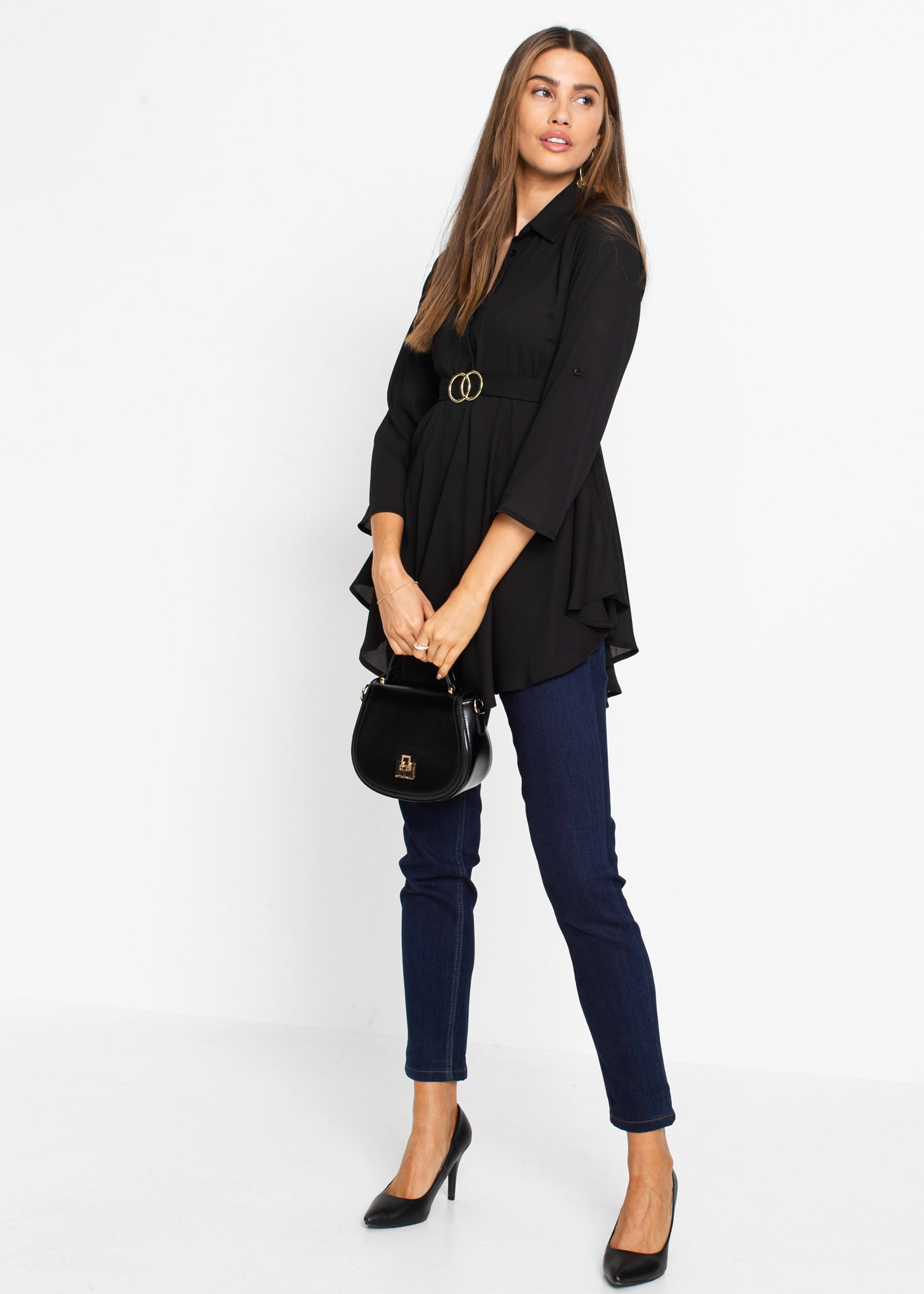 bonprix Longbluse »Longbluse« ausgestellte Passform, mit Hemdblusenkragen, unifarben