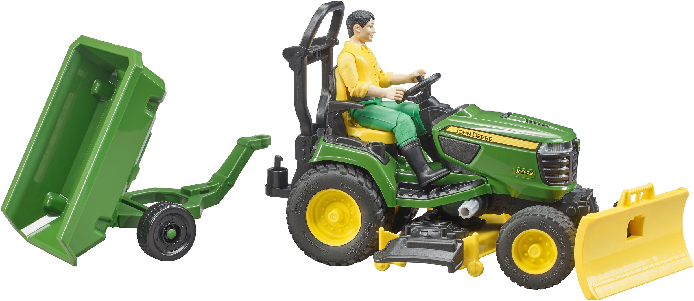 Bruder® Spielzeug-Traktor »bworld John Deere Aufsitzrasenmäher mit Anhänger und Gärtner (62104)« Made in Europe