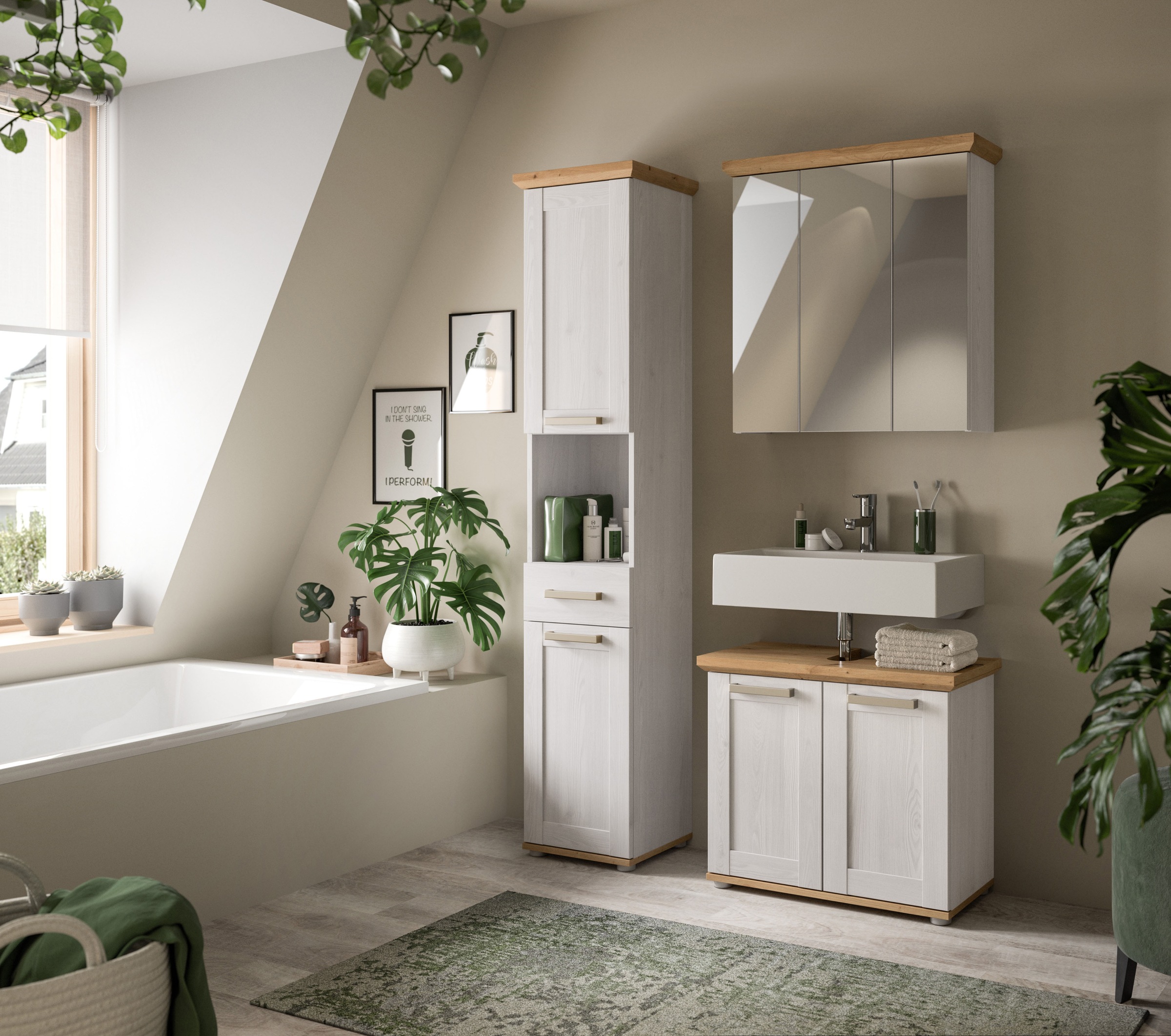 welltime Badmöbel-Set »COSENZA« best. aus: 1 Hochschrank, 1 Spiegelschrank, 1 Waschbeckenunterschrank, 3 Stk. tlg.