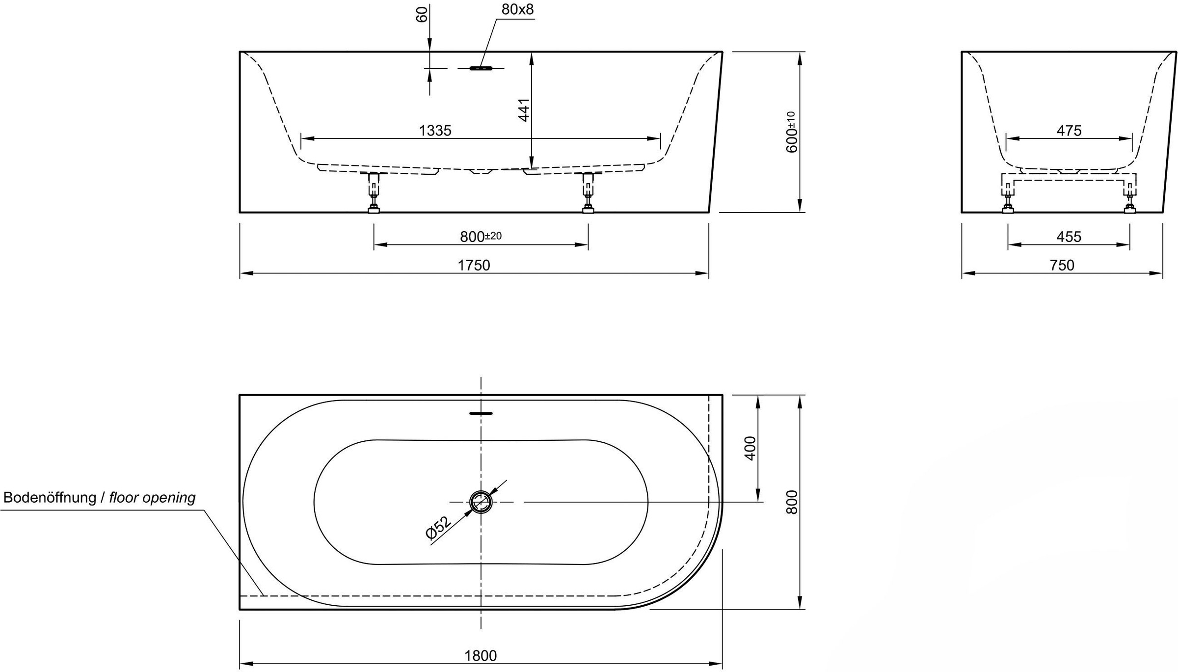 OTTOFOND Badewanne »Mince Corner rechts 180 cm weiß«, (1 tlg.), inkl. Ablaufgarnitur, Schlitzüberlauf, Fußgestell, schmale Wannenkante