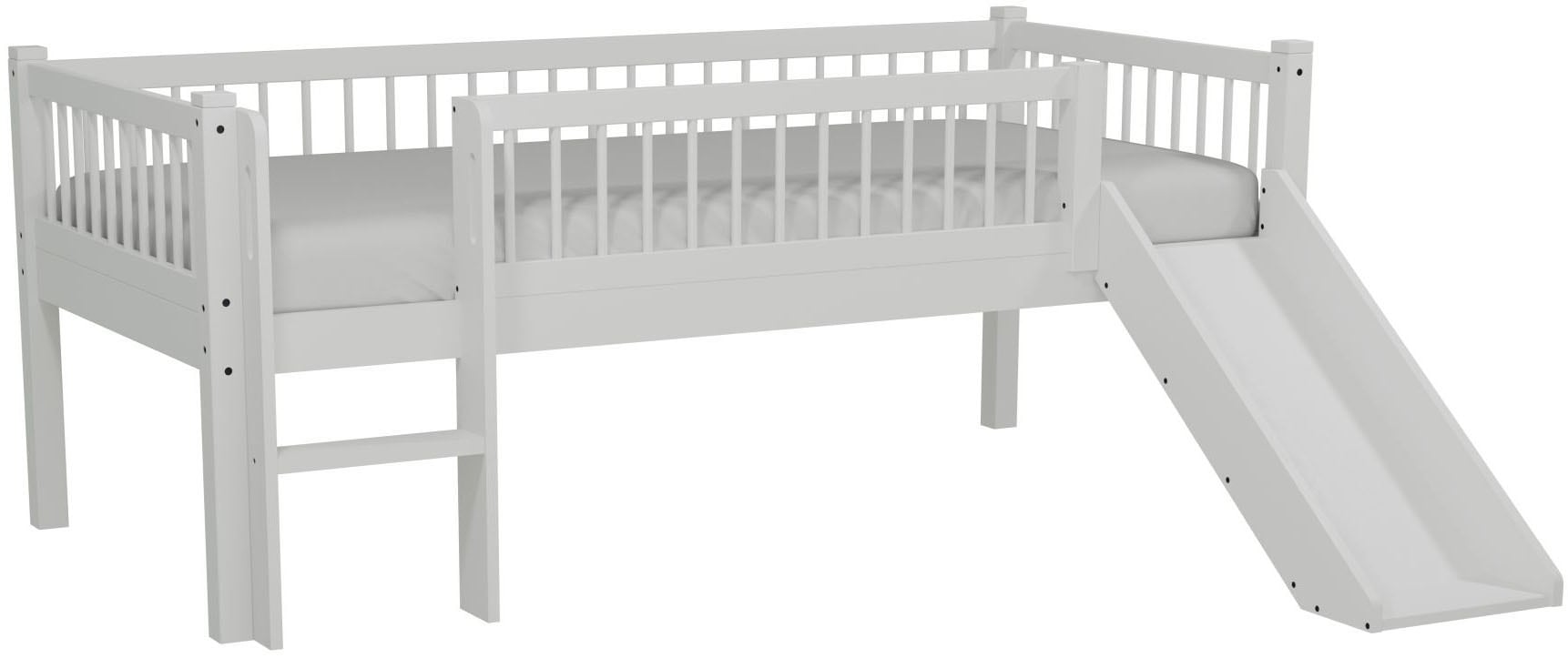 Vipack Massivholzbett »Forrest Massivholzbett Made in Europe, stabil und hochwertig gebaut« 90/200 cm, mit Rollrost, Leiter und Rutsche, seitenverkehrt montierbar,  inkl. umlaufenden Absturzschutz in Sprossenoptik, Buche weiß lackiert