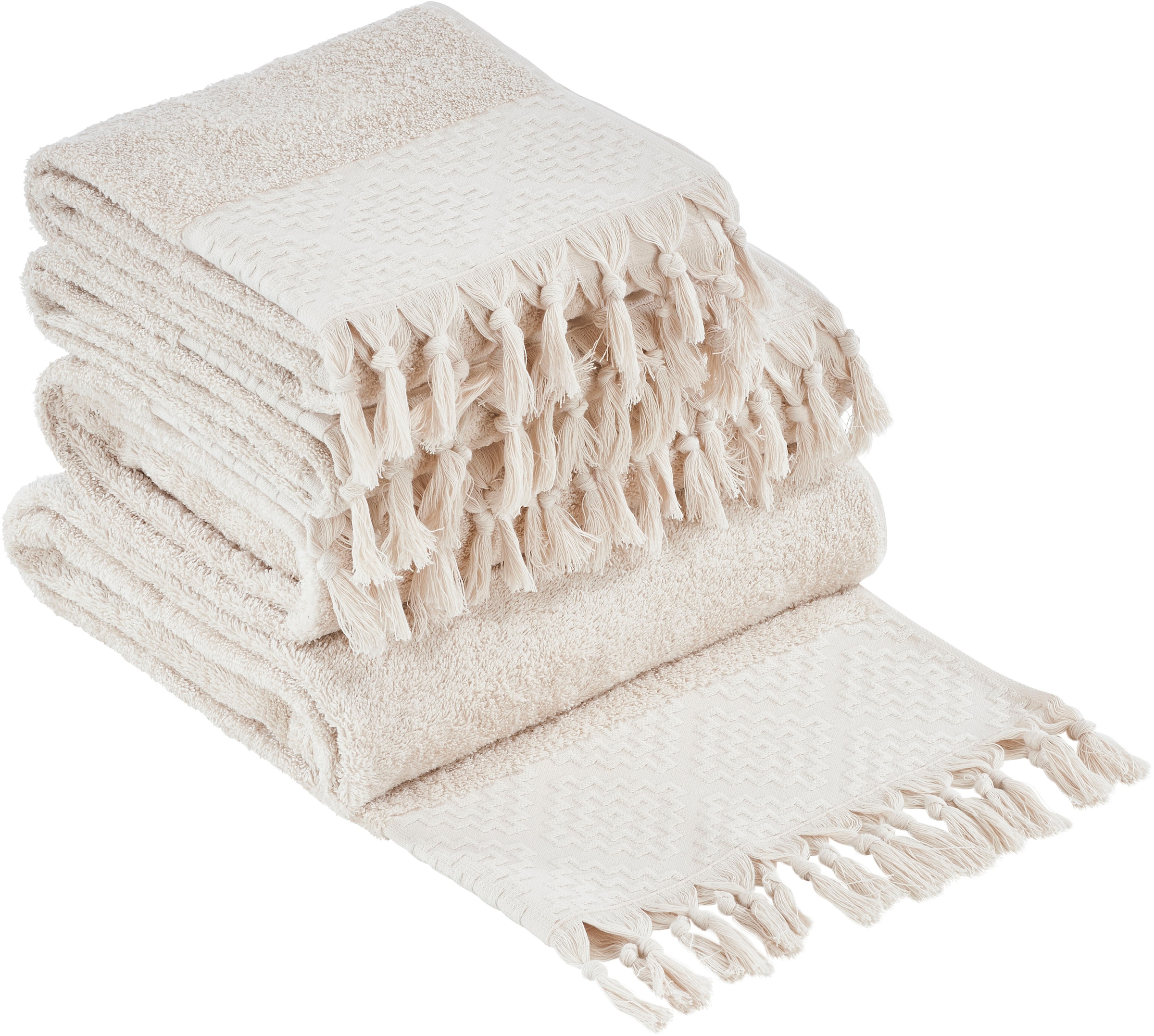 done.® Handtuch Set »Provence Bohéme«, (Set, 4 St., 2 Gästetücher (30x50 cm)-2 Handtücher (50x100 cm), Uni Farben, Boho-Style, Borte, verschiedene Set Varianten erhältlich