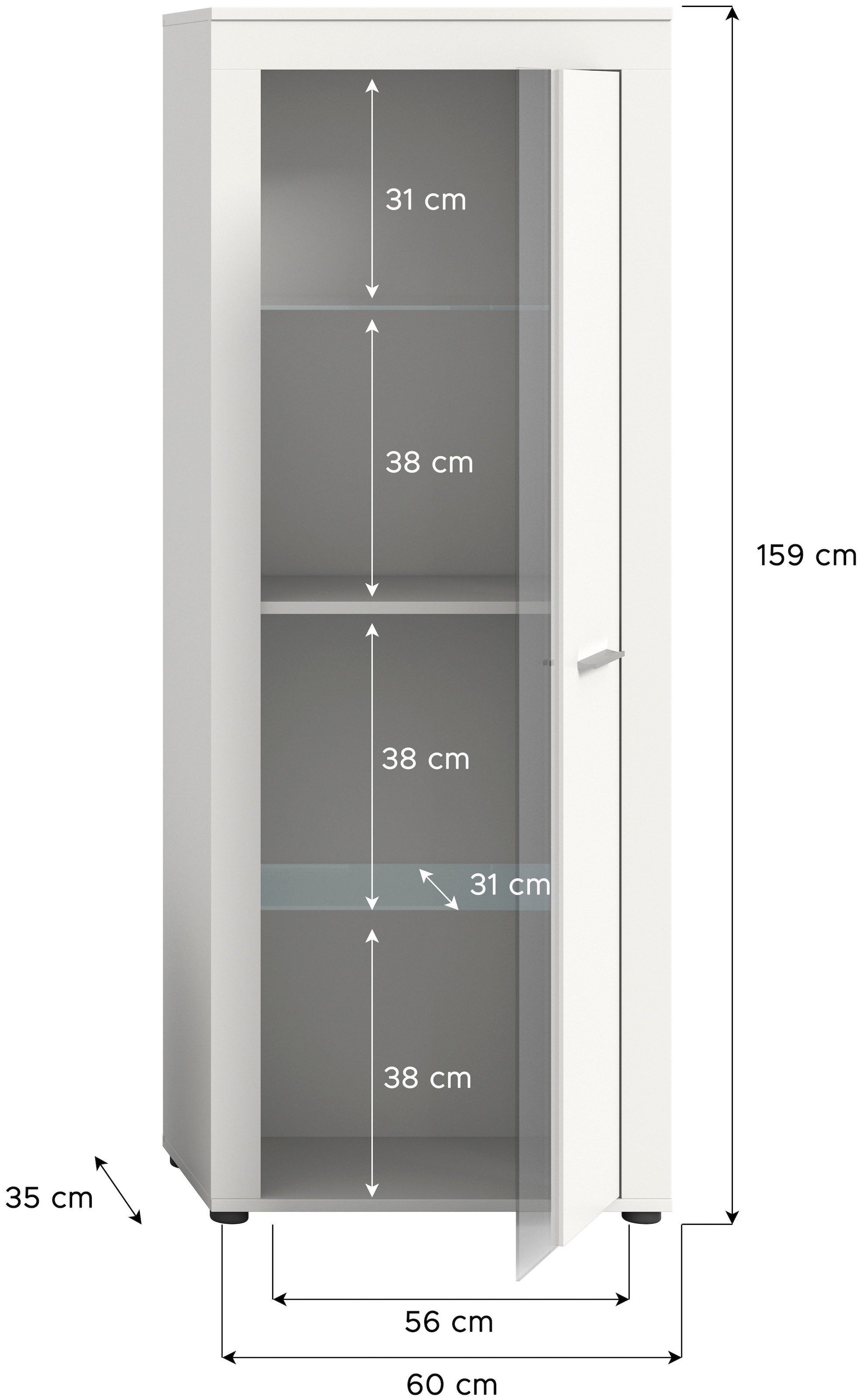 INOSIGN Standvitrine »Aosta, Höhe 159 cm, in verschiedenen Farbausführungen«, 1 Tür, 3 Einlegeböden, 4 Fächer, Wohnzimmer, Vitrine, Glasvitrine