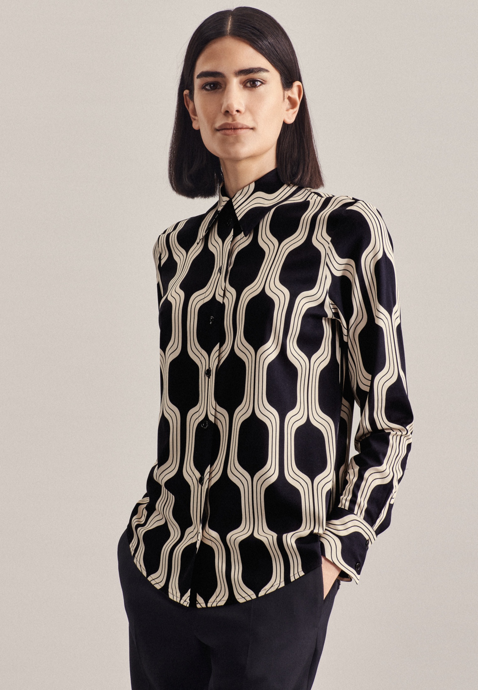 SEIDENSTICKER Hemdbluse »Schwarze Rose« Langarm Kragen Druck Schwarz 36 36 Passform: Regular Fit