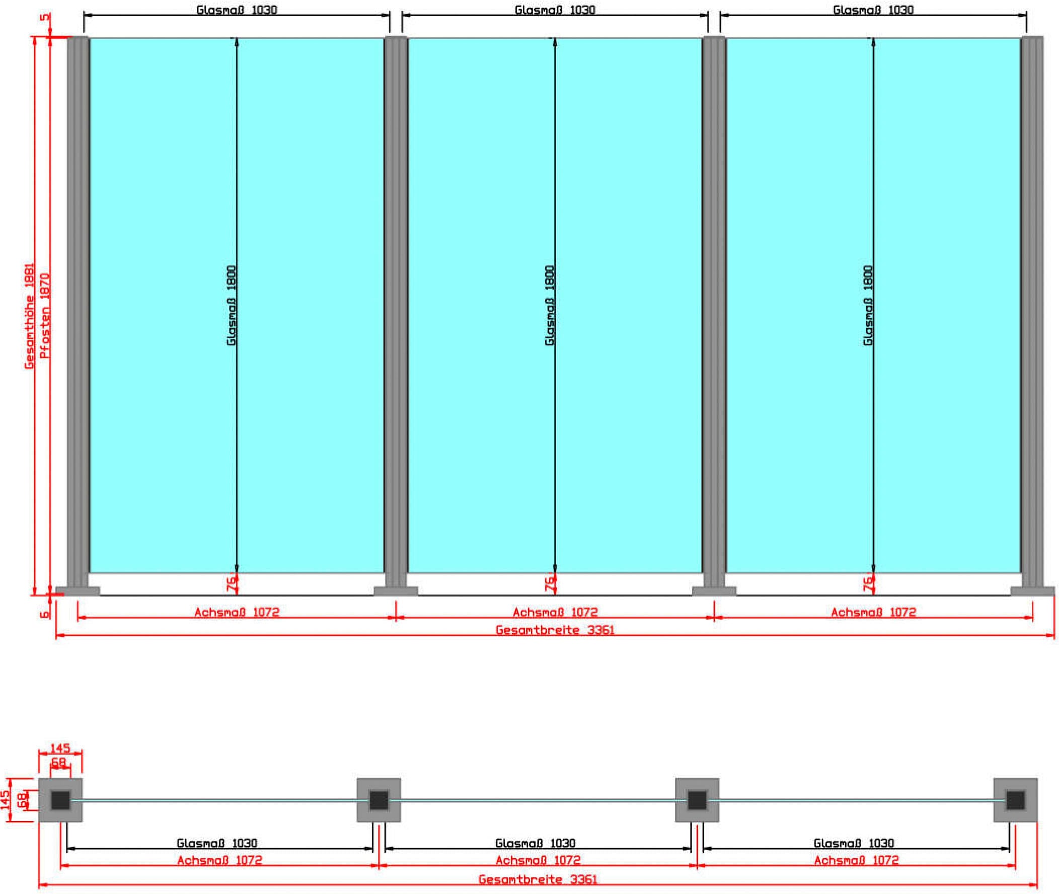 STAKET PRO Zaun Glaszaun, Gesamtlänge: 3,36 m, 4 Pfosten