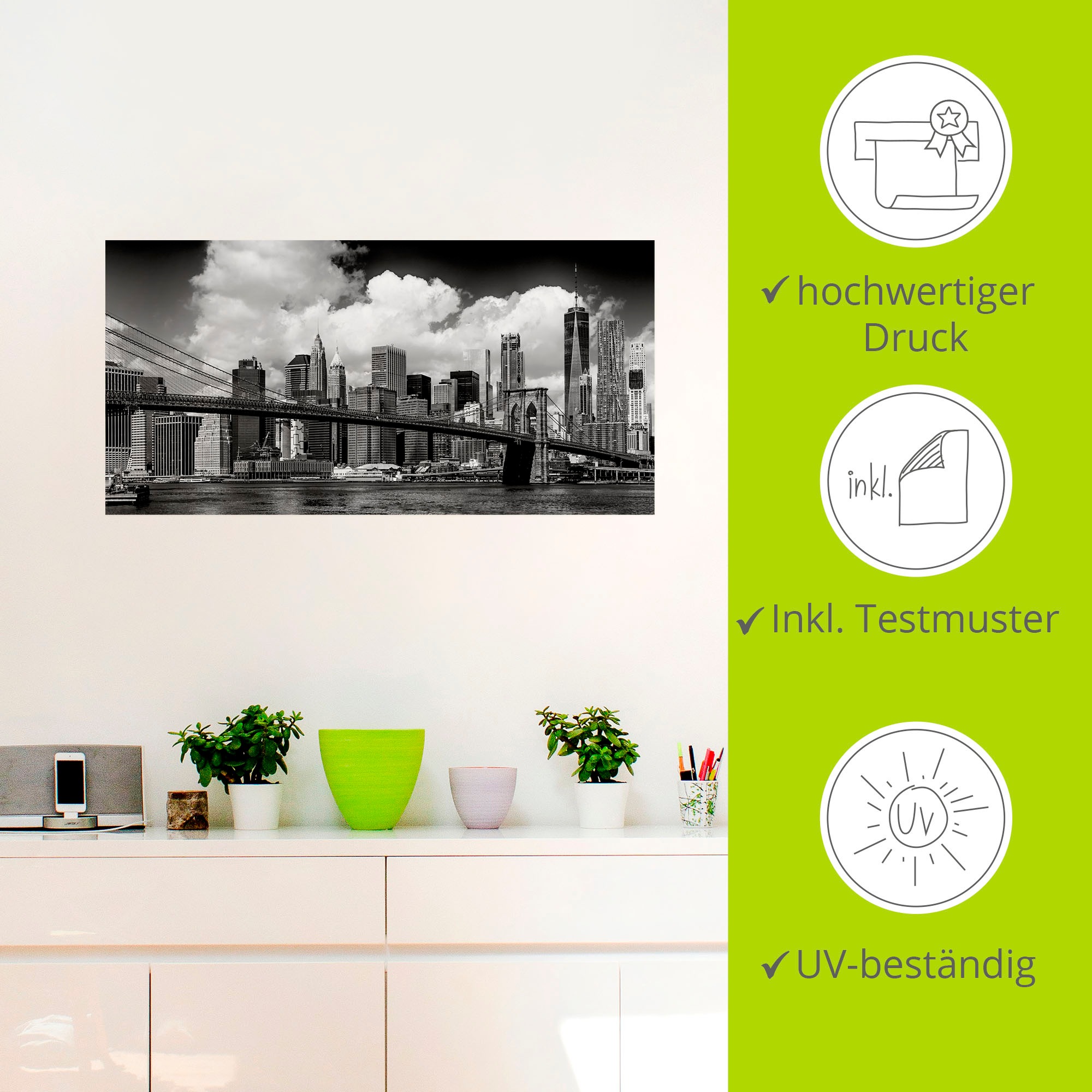 Artland Wandbild »Manhattan Skyline, Brooklyn Bridge«, New York, (1 St.), als Alubild, Outdoorbild, Leinwandbild, Wandaufkleber, versch. Größen