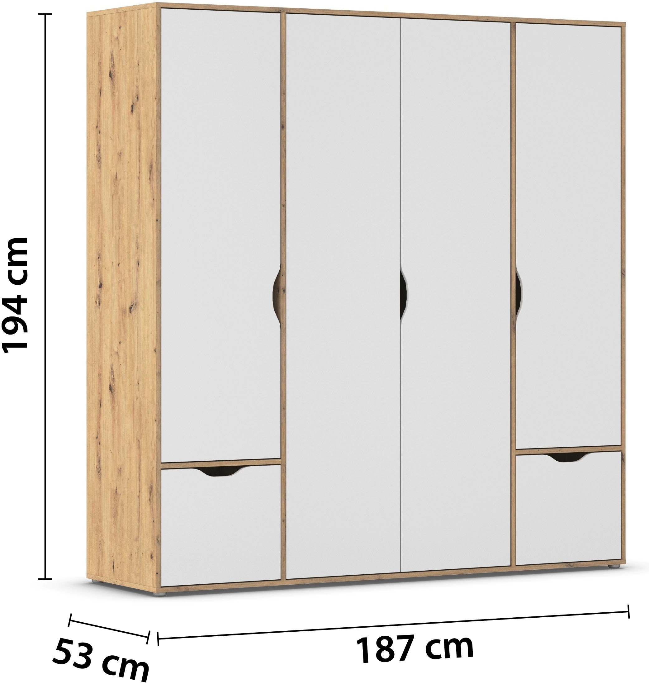 rauch Drehtürenschrank »Kleiderschrank Schrank Garderobe Wäscheschrank NARAI mit Schubladen«, (in 3 verschiedenen Ausstattungen BASIC/CLASSIC/PREMIUM), Griffausfräsungen für eine grifflose Optik TOPSELLER MADE IN GERMANY