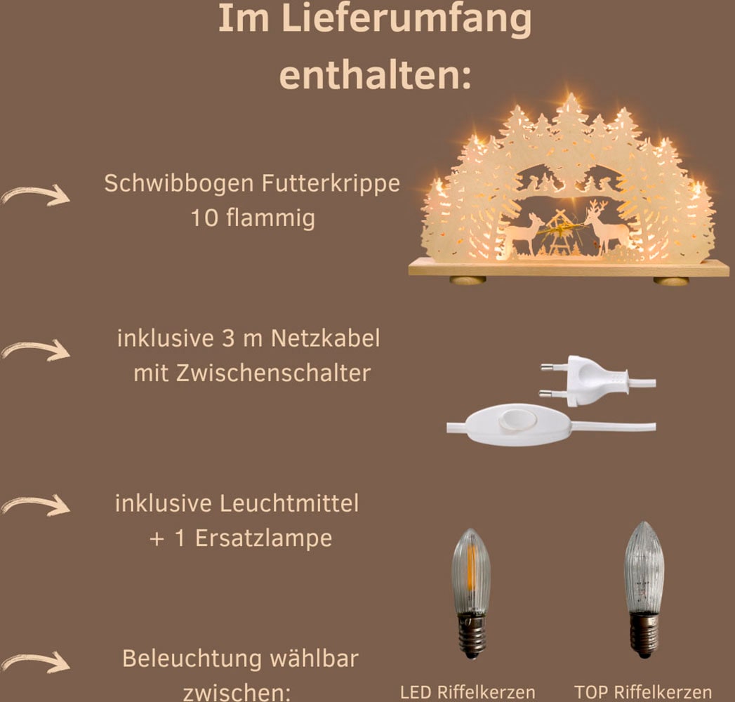 Weigla LED Schwibbogen »Futterkrippe mit echtem Heu, Lichterbogen aus Holz, NATUR« 1 Stk. Made in Germany, Weihnachtsdeko Innen, Weihnachtsbeleuchtung