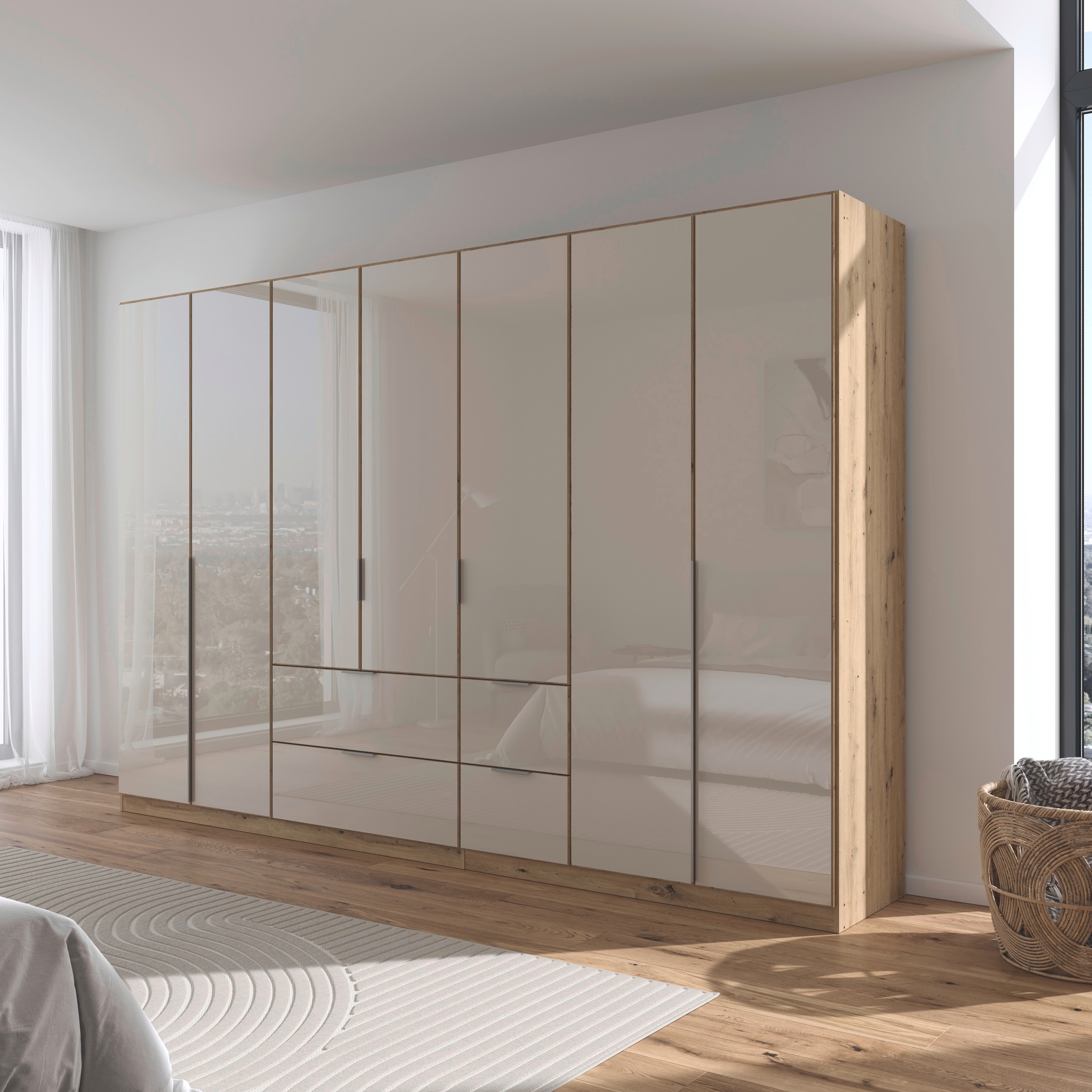 rauch Drehtürenschrank »Kleiderschrank Kleiderschränke Schrank Garderobe AGORDO mit Glasfront«, (in zwei Griff-Farben mit Glasfront), mit Außenschubkästen, in 6 Breiten und 2 Höhen MADE IN GERMANY