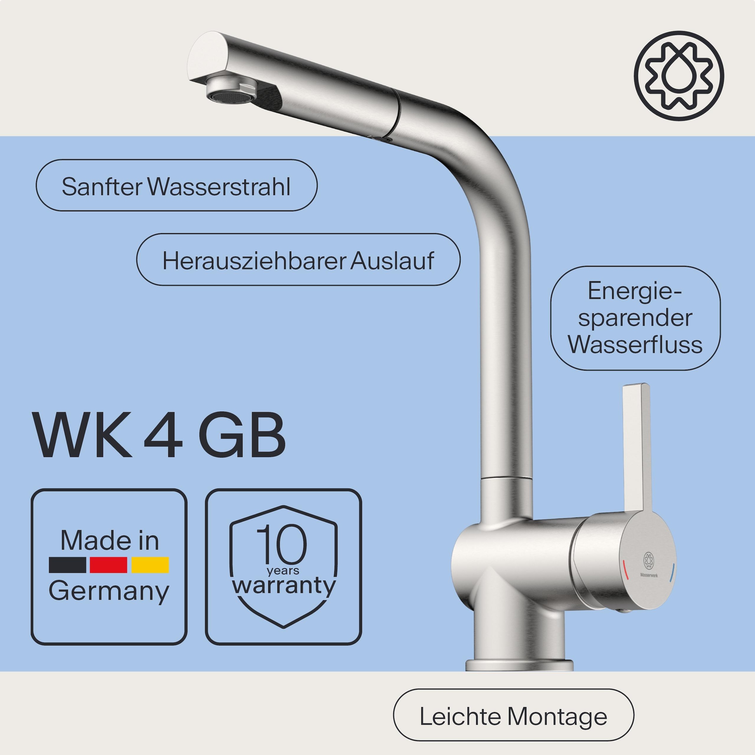 WASSERWERK Spültischarmatur »WK 4, Wasserhahn, Küche, Einhebelmischer« 360° schwenkbar, Cold-Start-Funkt., herausziehbar