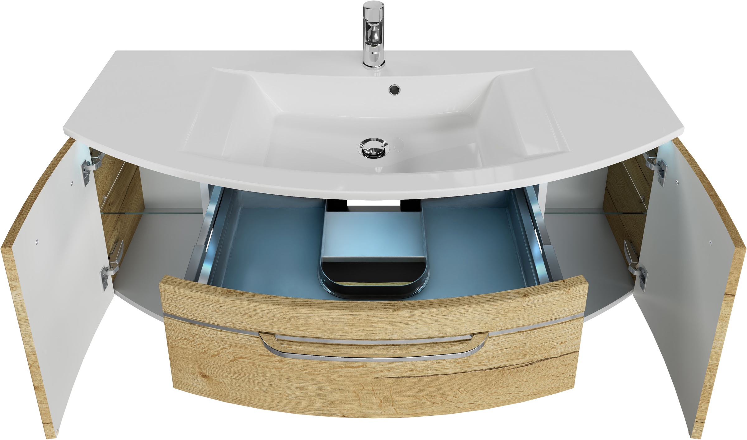 Saphir Waschtisch »Serie 7045 Mineralmarmor-Waschtisch und Unterschrank, 131 cm breit«, Waschplatz mit 2 Schubladen, 2 Türen, Badmöbel Set mit Waschtisch