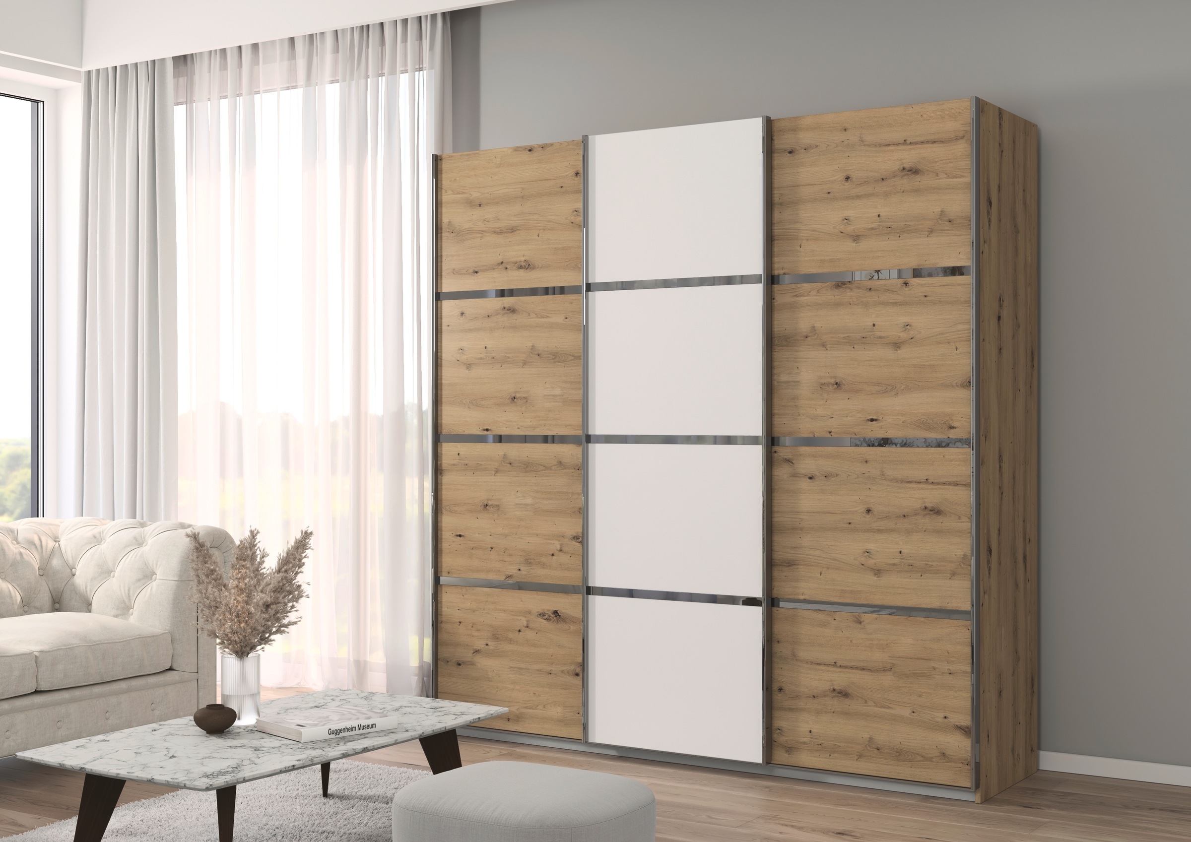 rauch Kleiderschrank »Schwebetürenschrank Garderobe Schrank TOP ANGEBOT Avola«, (in 3 verschiedenen Ausstattungen BASIC/CLASSIC/PREMIUM), mit eleganten Zierleisten in Chrom, Schwarz oder Weiß MADE IN GERMANY