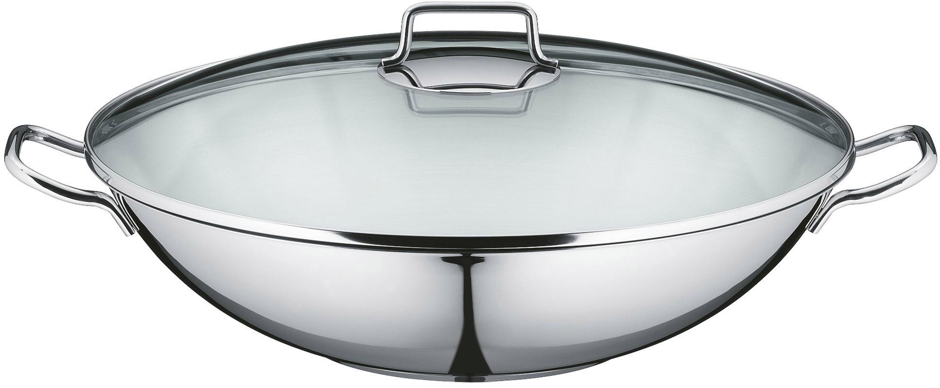 WMF Wok »Wokpfanne Macao 36 cm, Induktion«, Cromargan® Edelstahl Rostfrei 18/10, (Set, 4 tlg., 1 x Wok mit Glasdeckel, Dämpfeinsatz, Rezeptheft), für alle Herdarten geeignet, scharfes Anbraten bei hohen Temperaturen