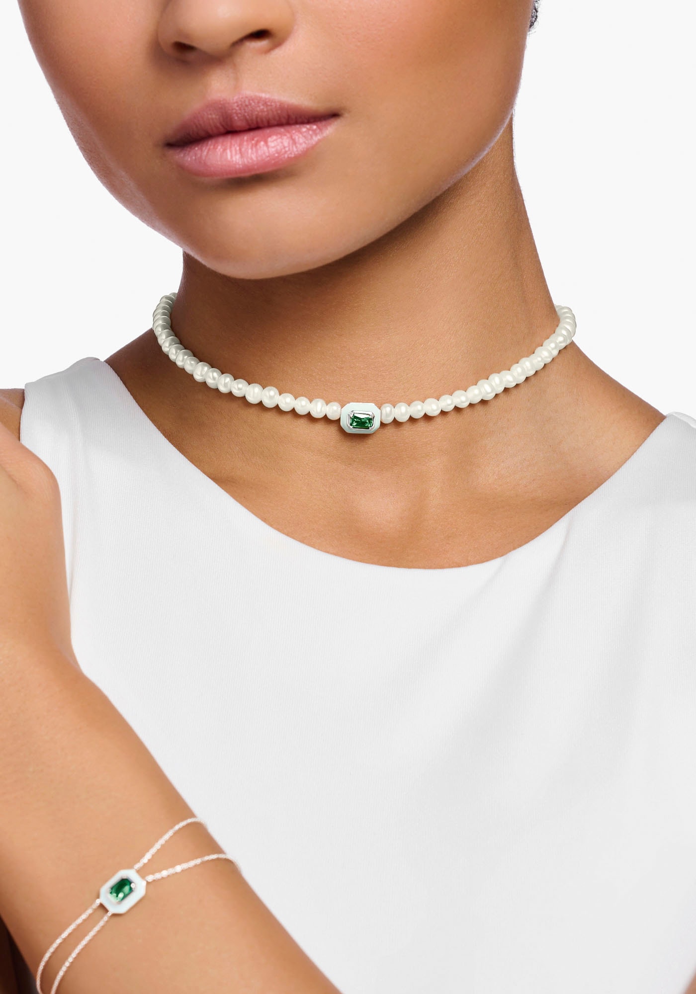 THOMAS SABO Choker »Choker Perlen mit grünem Stein, KE2183-082-6-L42V«, mit Glas-Keramik Stein - mit Süßwasserzuchtperle