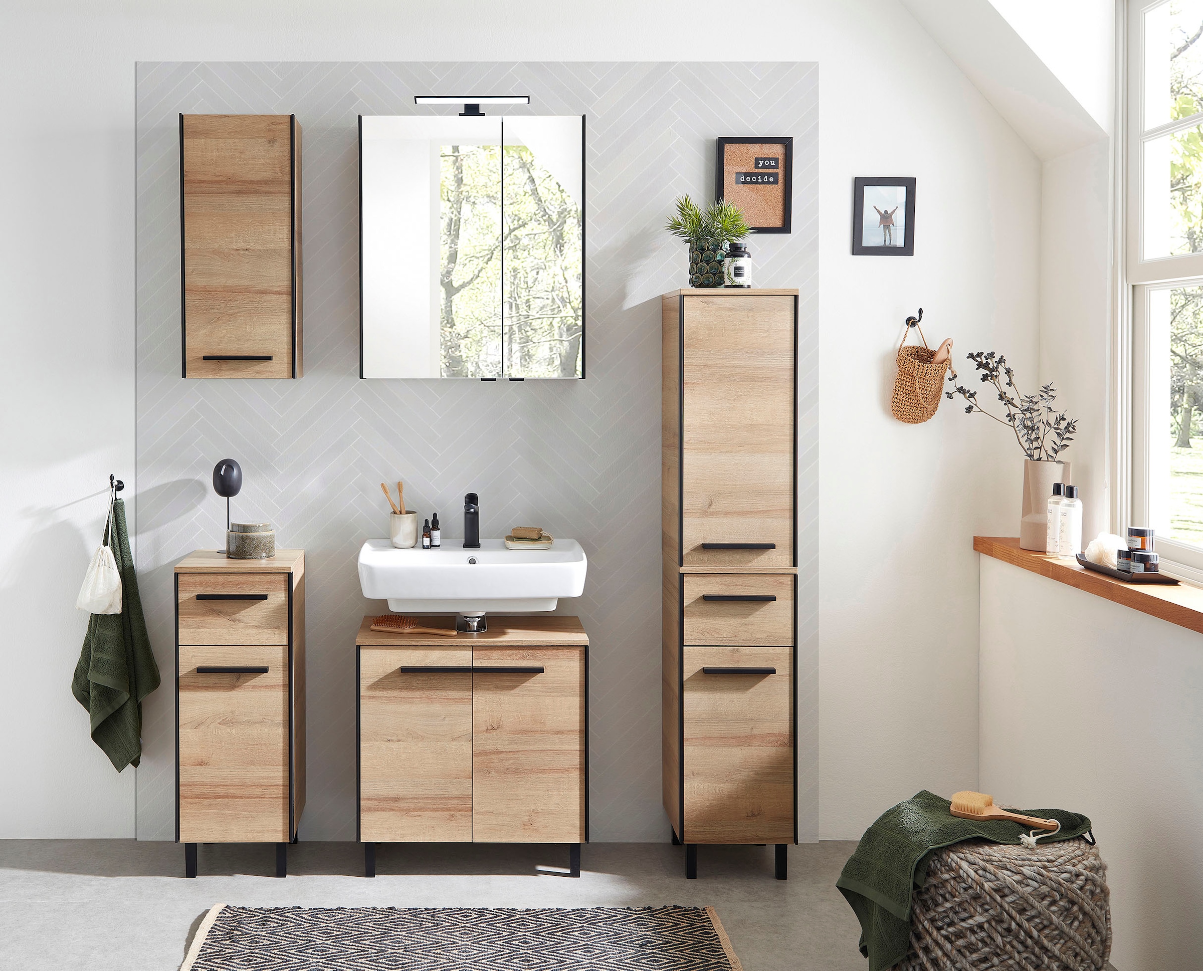 Saphir Unterschrank »Quickset 395 Badschrank, 1 Tür, 1 Schublade, 30cm breit, Griff Schwarz«, Badezimmermöbel inkl. Türdämpfer, Riviera Eiche quer Nachbildung