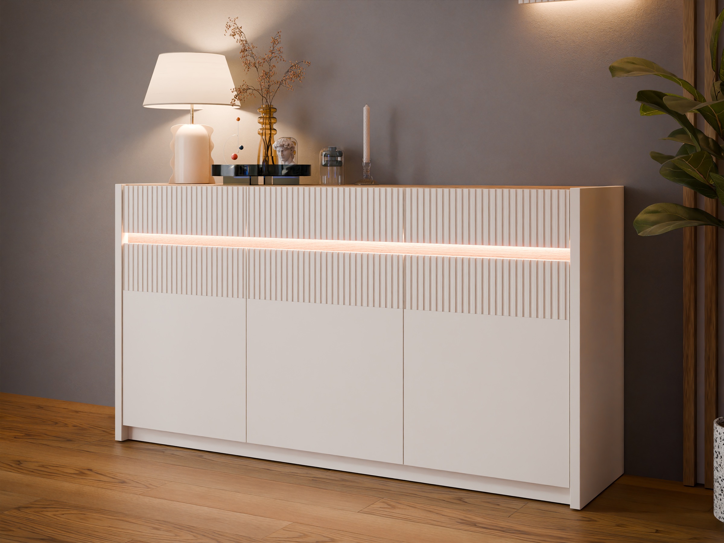 FORTE Sideboard »Oak Square«, Sideboard, Beleuchtung, Soft Close, Lamellenoptik