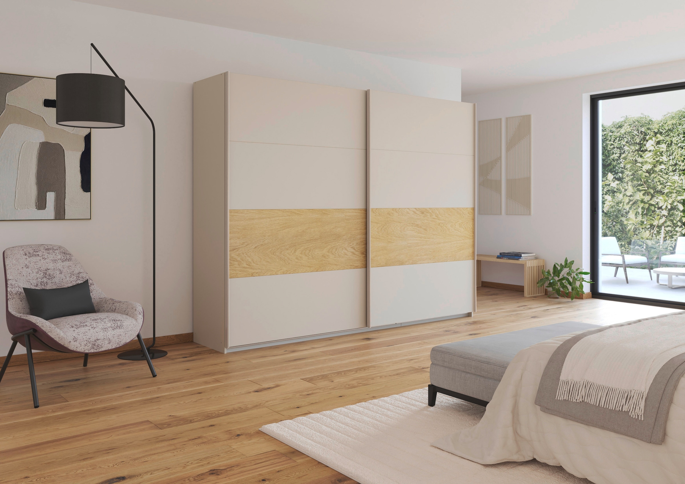 rauch Schwebetürenschrank »Kleiderschrank Schrank Garderobe Schlafzimmerschrank MALVA«, Bauchbinde abgesetzt in gebürstetem Eiche Furnier MADE IN GERMANY