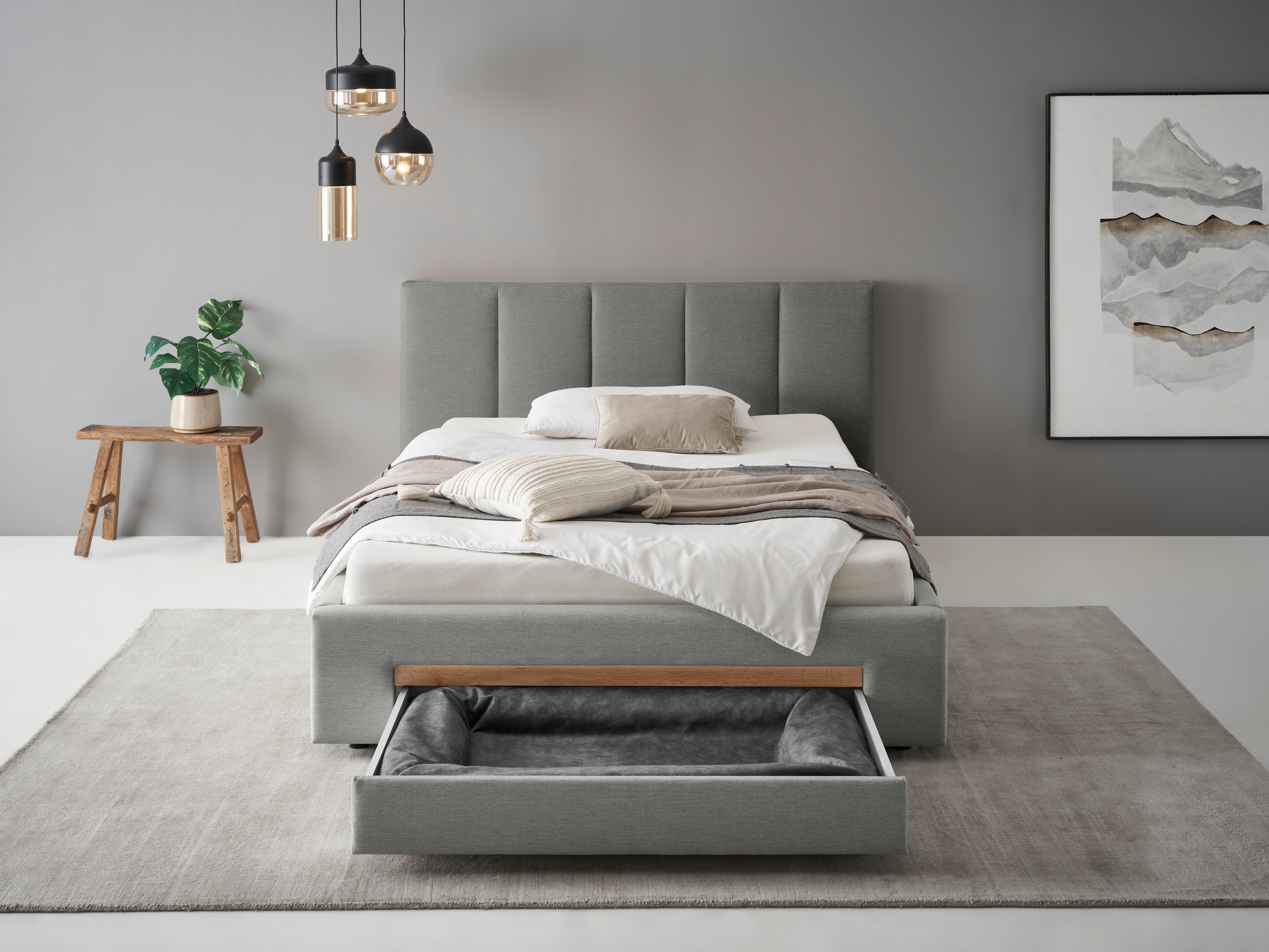 INOSIGN Polsterbett »CiTY/GiRON, Bettgestell mit Bettkasten, gepolstertes Stauraumbett«, mit Hundebett oder Stauraumschublade, Bezug Cord-oder Leinenoptik