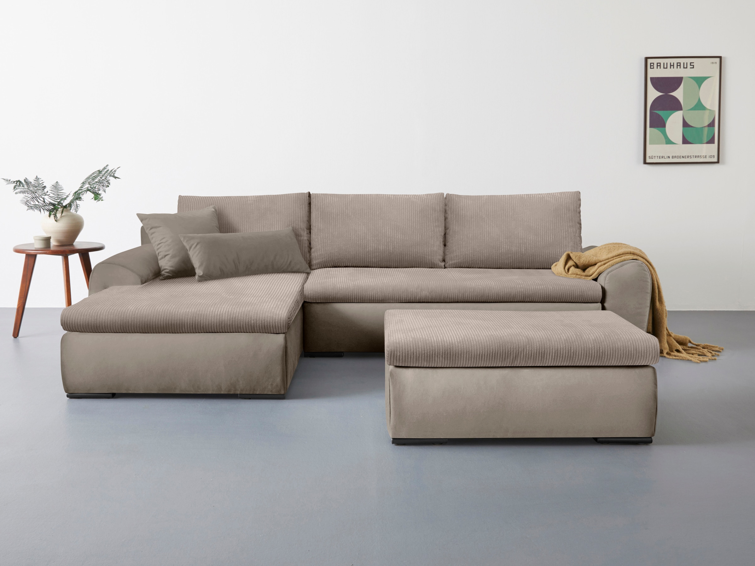 Home affaire Ecksofa »Win L-Form«, optional mit Schlaffunktion und Bettkasten, taupe, Cord