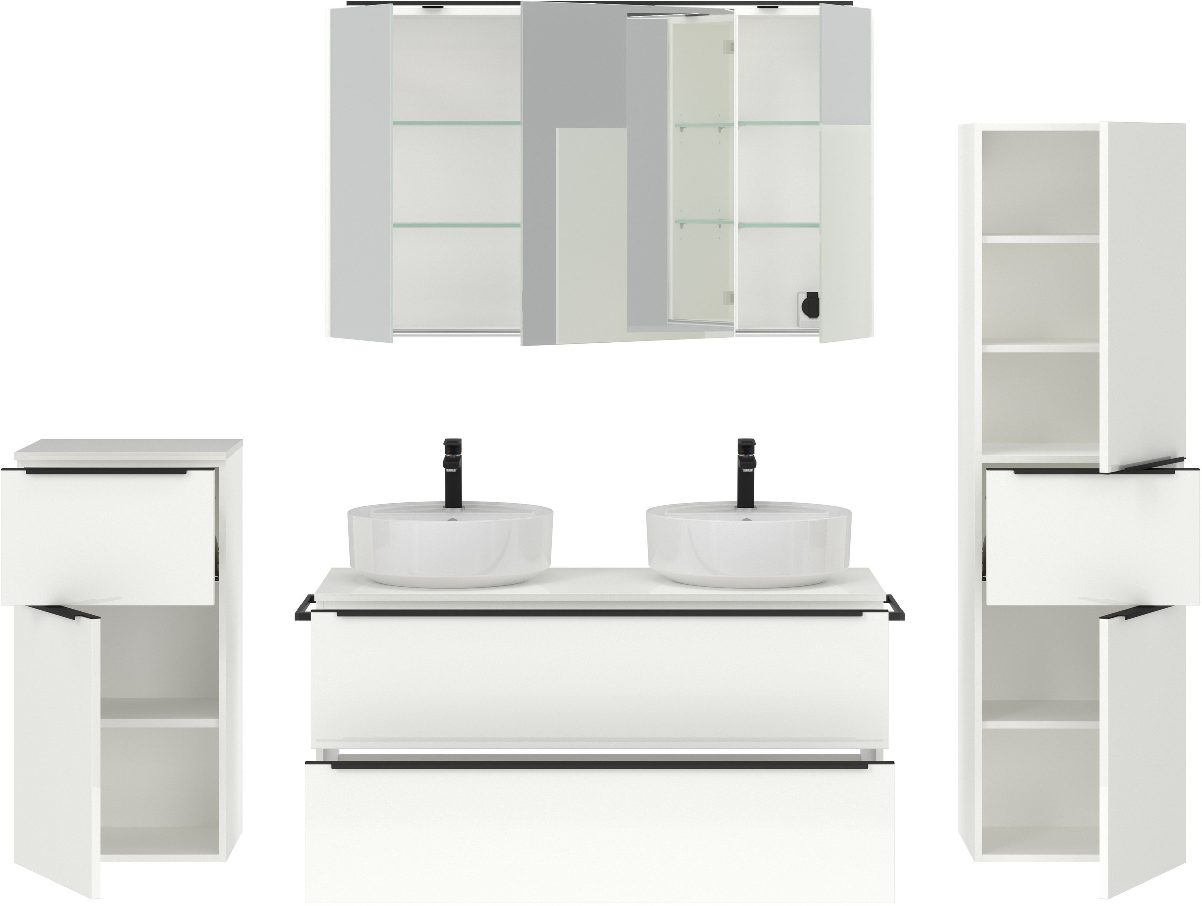 nobilia® Badmöbel-Set »Alvene«, (4 St., vormontiert, mit Soft-Close), inkl. Spiegelschrank mit Beleuchtung und Dimmerfunktion, in 4 Breiten