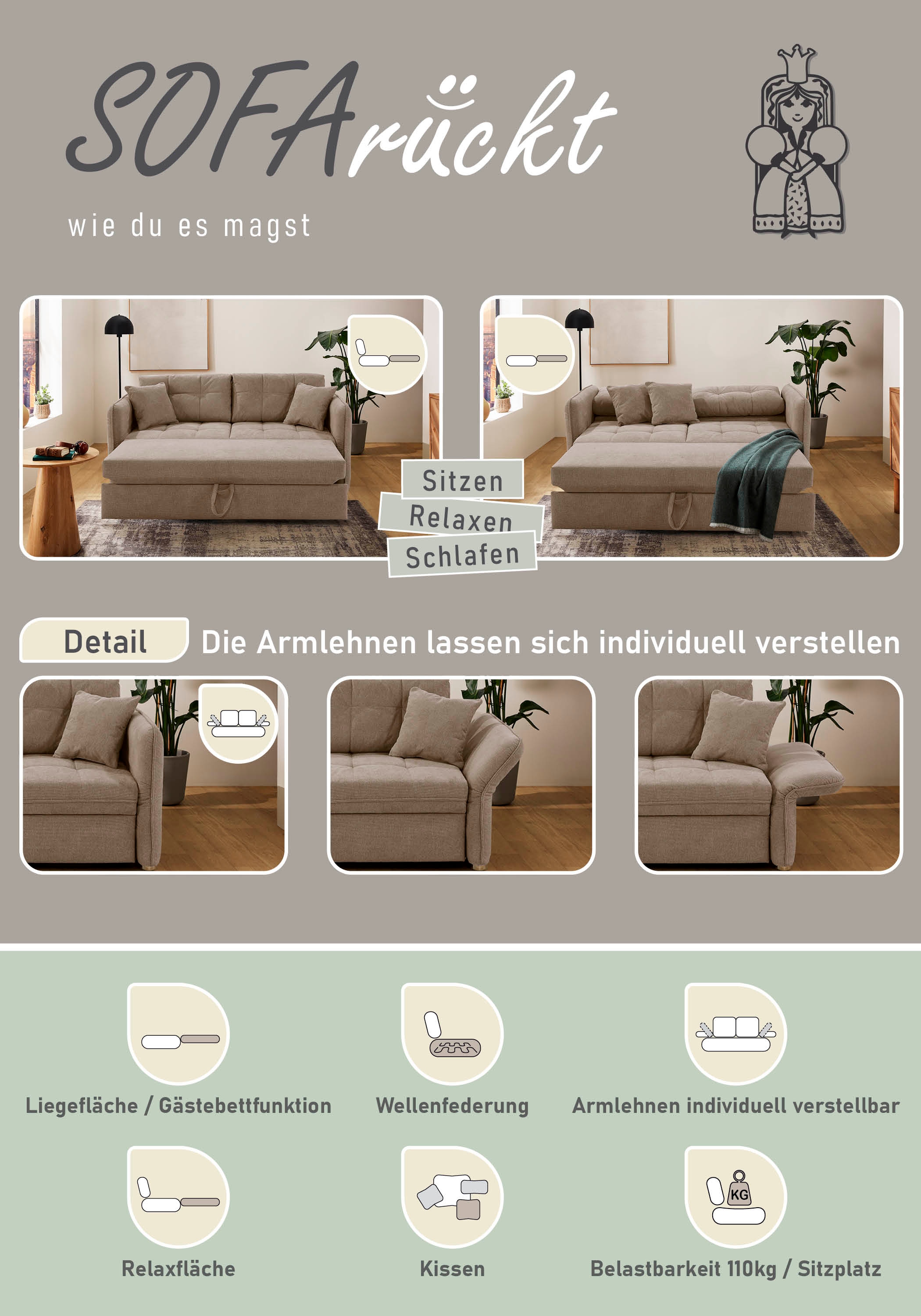 Jockenhöfer Gruppe Schlafsofa »Leon, B: 147 - 187 cm, Liegefl. 120 - 160x200 cm, Breite wählbar« mit Bettfunktion & Zierkissen, in 3 Breiten