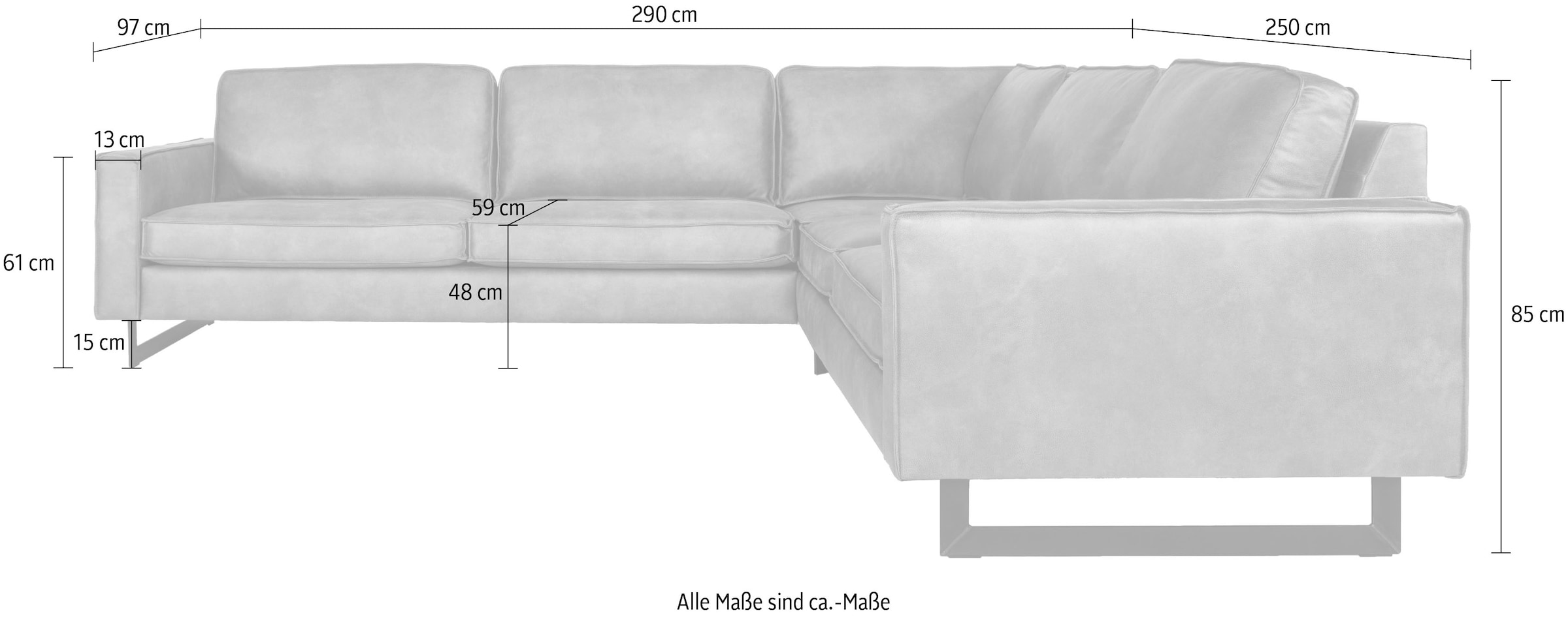 Places of Style Ecksofa »Pinto, XXL, 250/290 cm, langer Schenkel, Ottomane«, Cord, Chenille, Lederoptik, mit Keder, Metallfüße, Wellenunterfederung