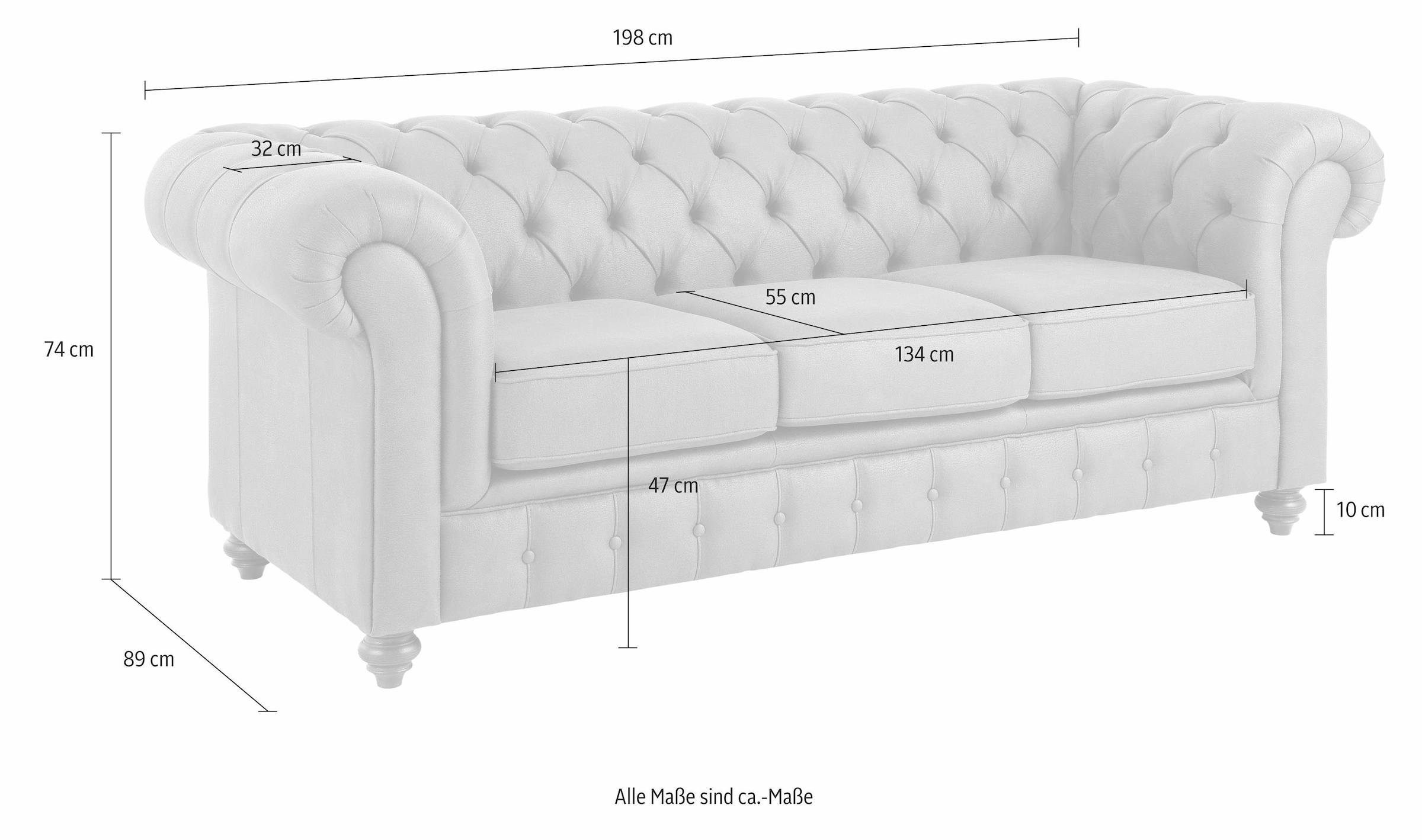 Home affaire Chesterfield-Sofa »Chesterfield 3-Sitzer B/T/H: 198/89/74 cm«, mit hochwertiger Knopfheftung, auch in Leder