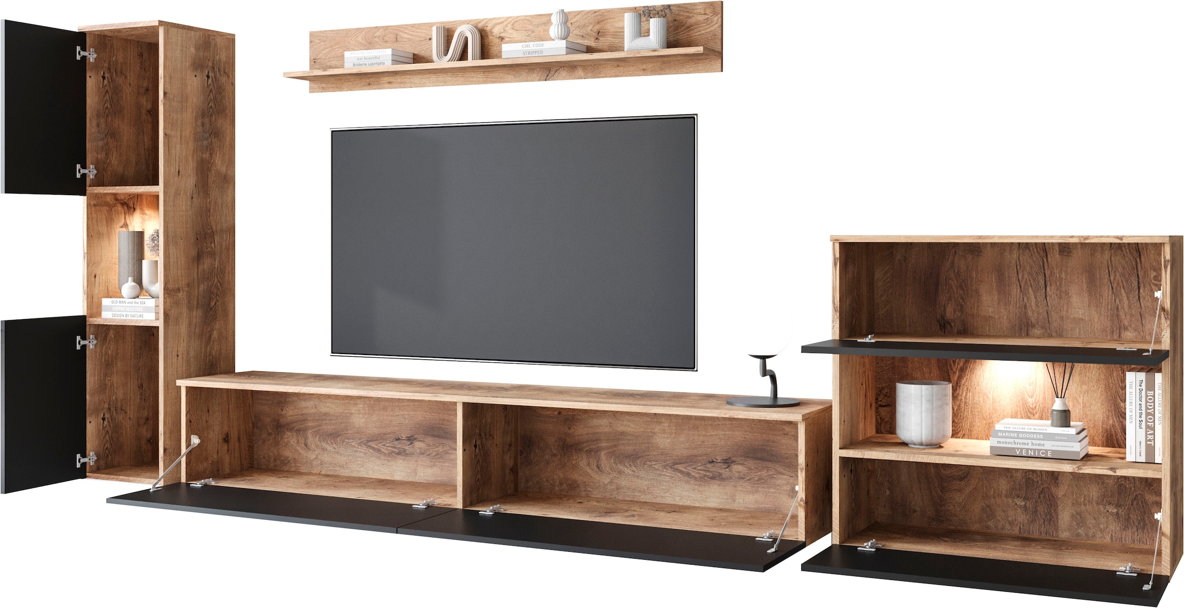 INOSIGN Wohnwand »PARIS«, (Komplett-Set, 4 St.), TV-Wand 300cm breite, grifflose Design, stehend und hängend montierbar