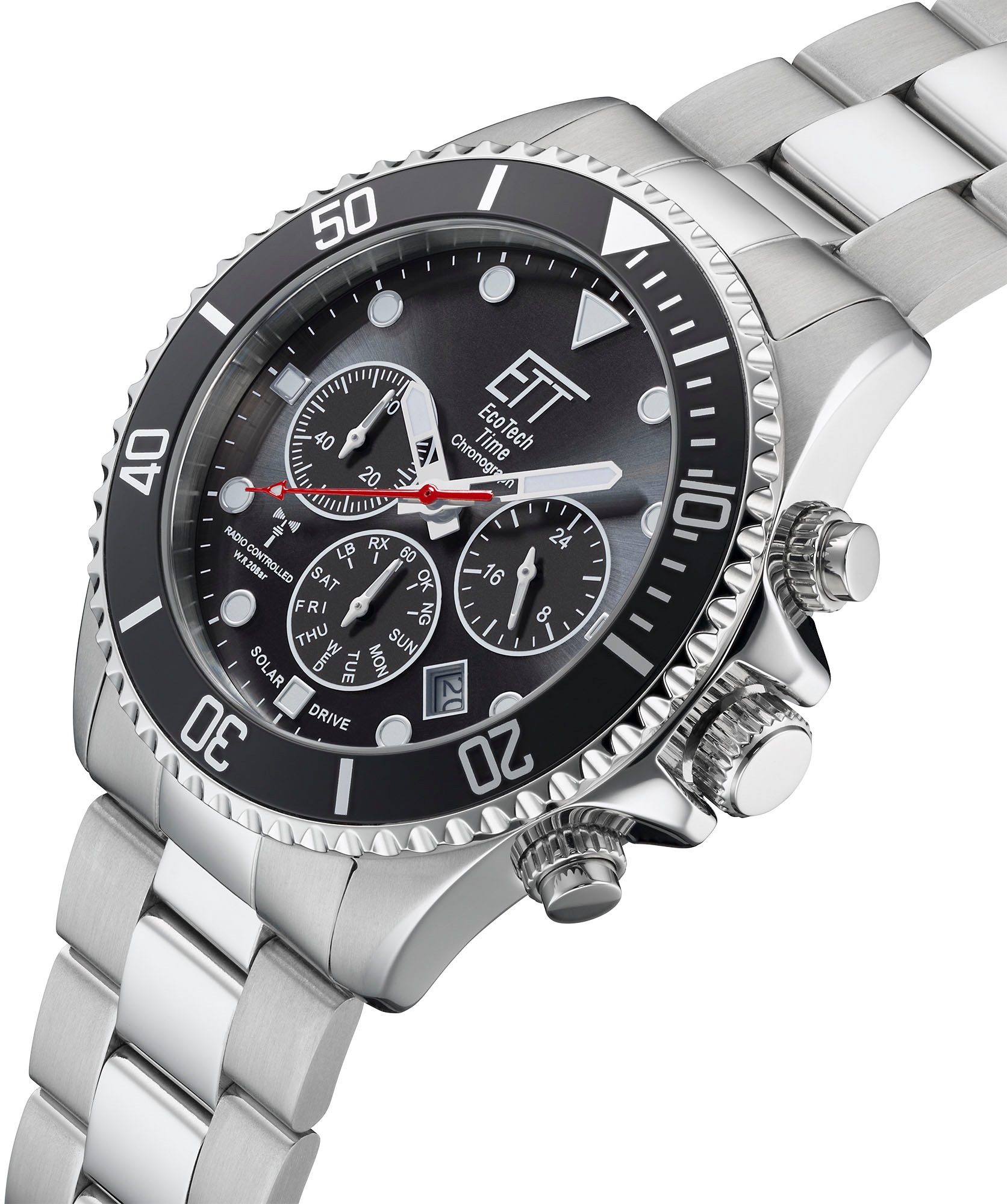 ETT Funkchronograph »Professional«, Armbanduhr, Herrenuhr, Stoppfunktion, Datum, Solar, Edelstahlarmband