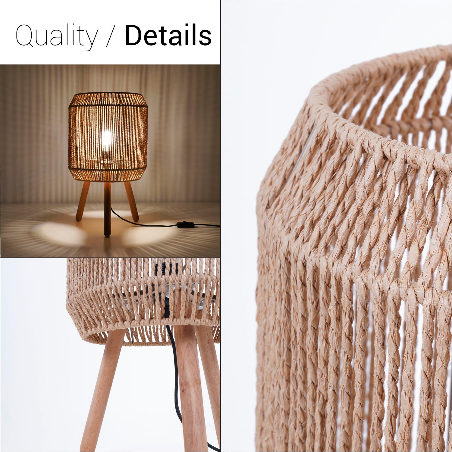 Paco Home Tischleuchte »SOL«, Leuchtmittel E27 | ohne Leuchtmittel, Boho Deko Lampenschirm Korb Holz E27