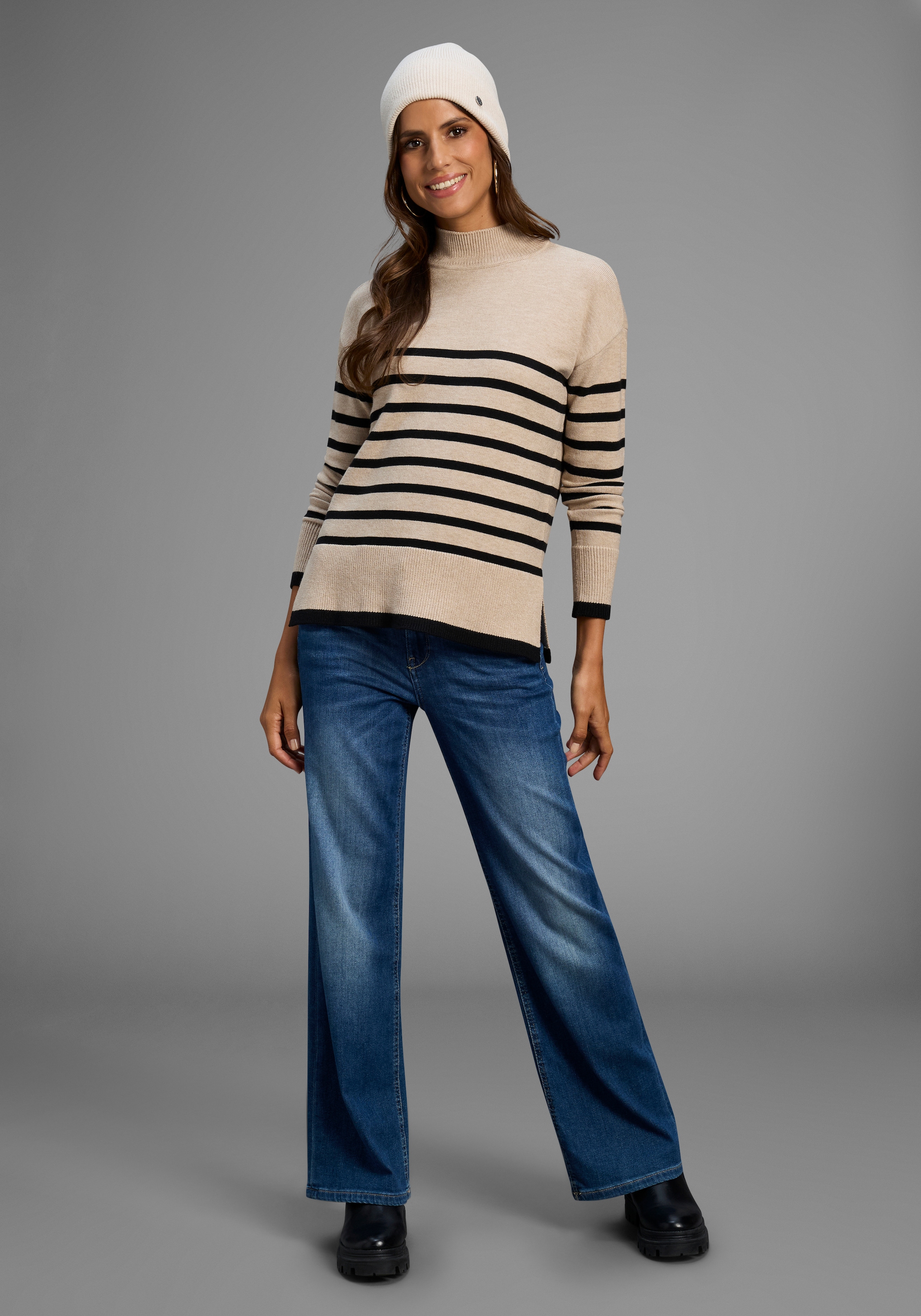 Laura Scott Streifenpullover kuscheliger Winterstrick mit seitlichen Schlitzen - NEUE KOLLEKTION