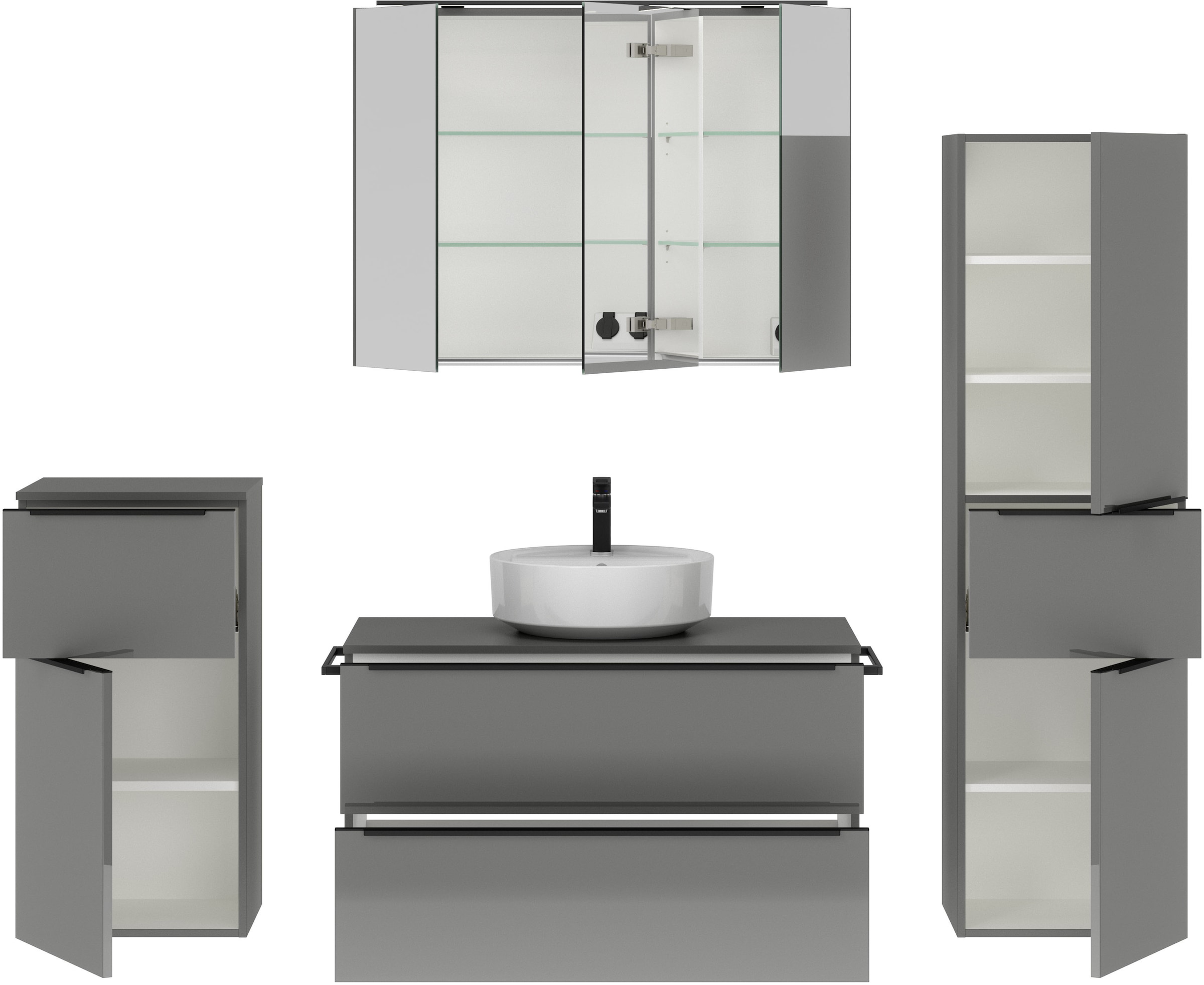 nobilia® Badmöbel-Set »Alvene«, (4 St., vormontiert, mit Soft-Close), inkl. Spiegelschrank mit Beleuchtung und Dimmerfunktion, in 4 Breiten