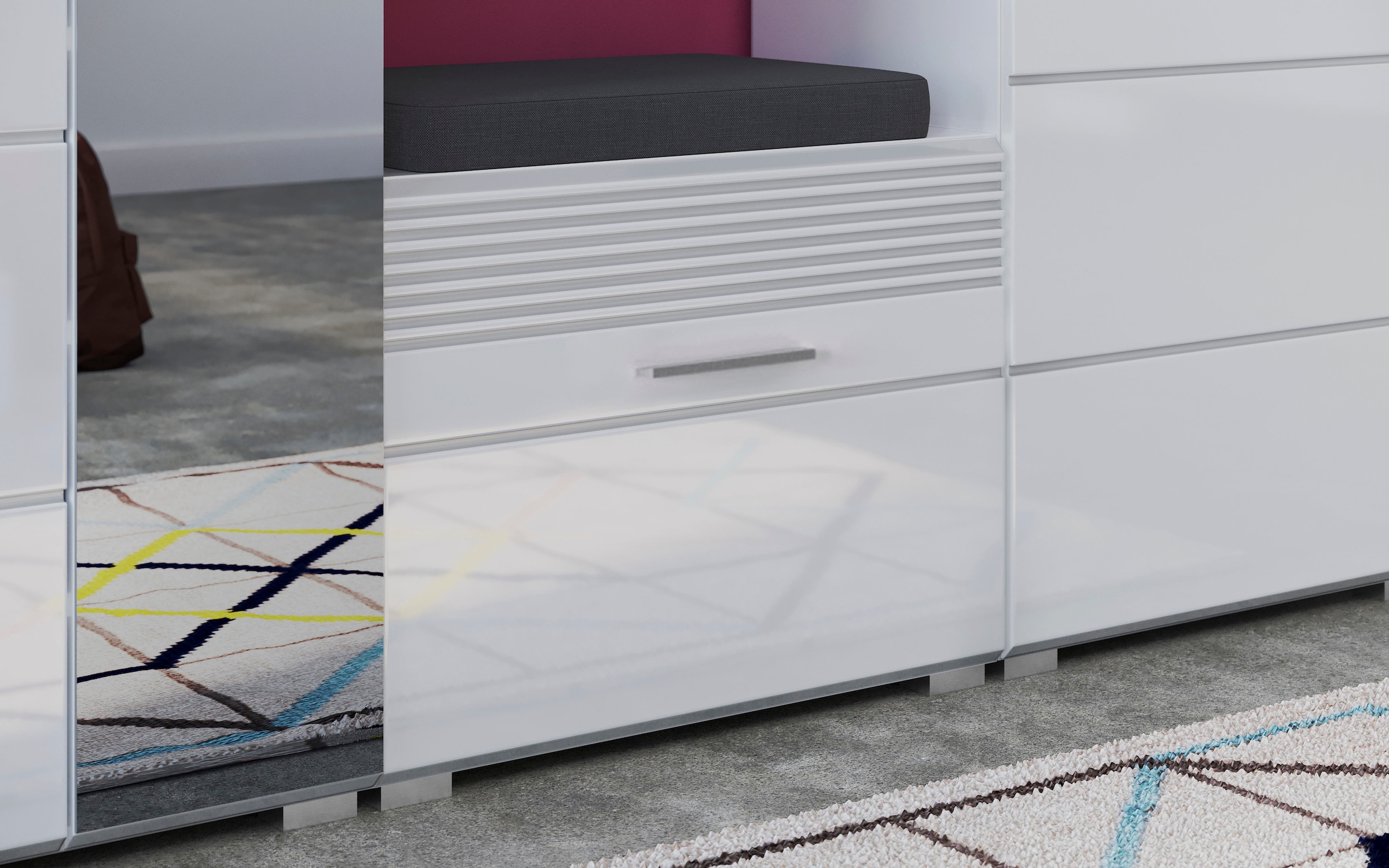 INOSIGN Garderoben-Set »Malmö, Breite 115cm, MDF Front mit Rillenfräsung, 4-teilig, best. aus:«, (4 St.), Sitzbank, Garderobenpaneel, Schuhkommode & Garderobenspiegel