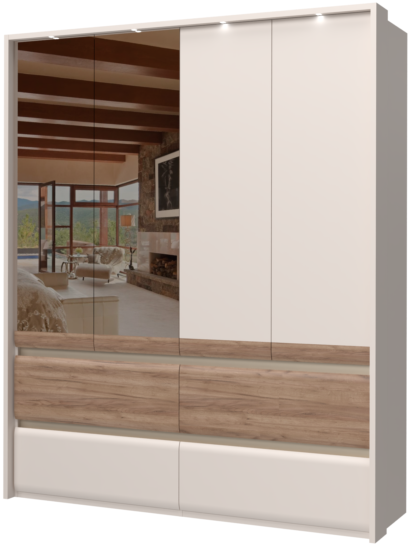 Places of Style Kleiderschrank »Invictus, UV lackiert, FSC-zertifiziert, grifflose Optik«, (abgerundete Schubladen aus MDF im Holzdekor, soft-close), mit Beleuchtung und Spiegel, in 4 Breiten, hoher Schrank (226cm)