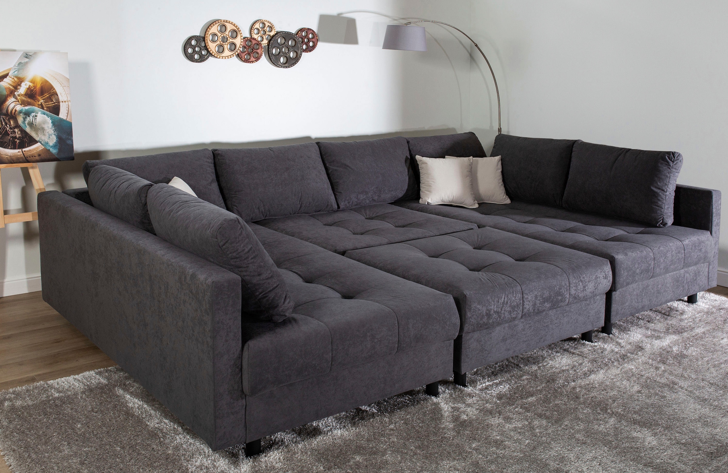 COLLECTION AB Wohnlandschaft »Toni U-Form, B: 298 cm, Liegefl. 282x178cm« Set 2tlg. Sofa + Hocker, mit Schlaffunktion, Federkern, 3 Zierkissen