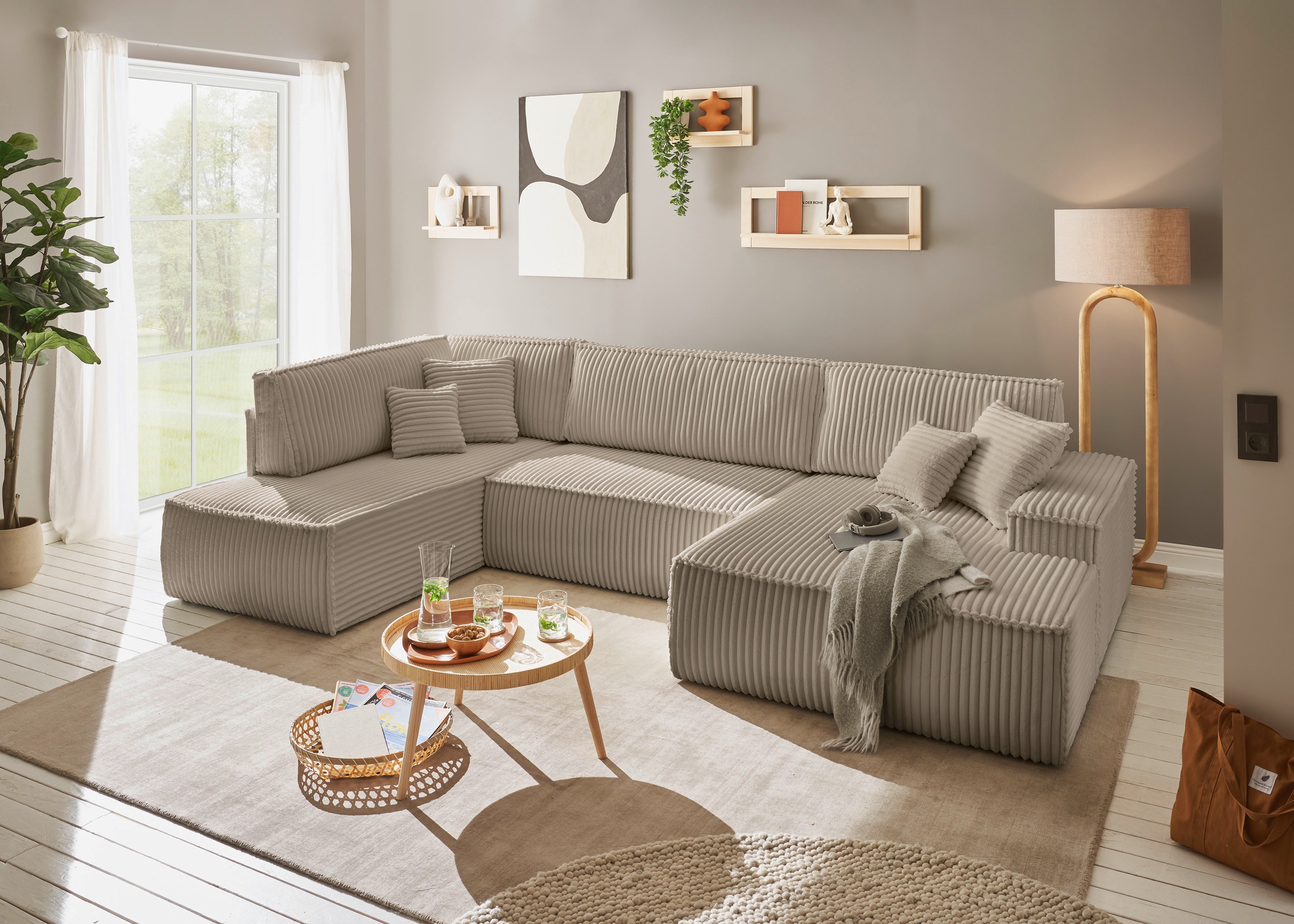 andas Wohnlandschaft »FINNLEY U-Form XXL 329 cm, Schlafsofa, Schlaffunktion m. Bettkasten«, (194/139 cm), Bouclé, Struktur und Cord