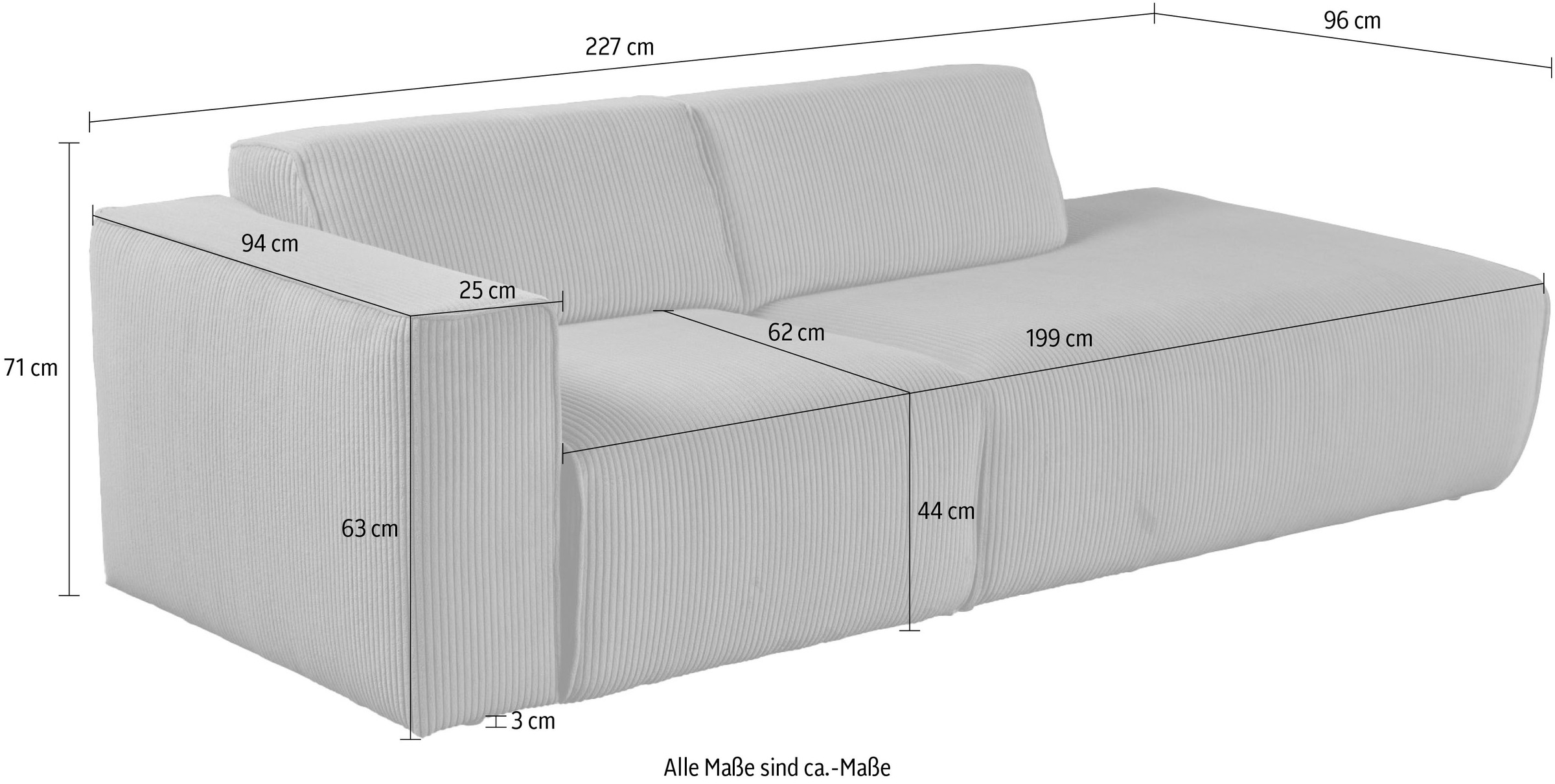 andas 2-Sitzer »Noord mit Kedernaht, Breite 227 cm«, Cord, Struktur, Webstoff, mit Wellenunterfederung, Massivholzrahmen