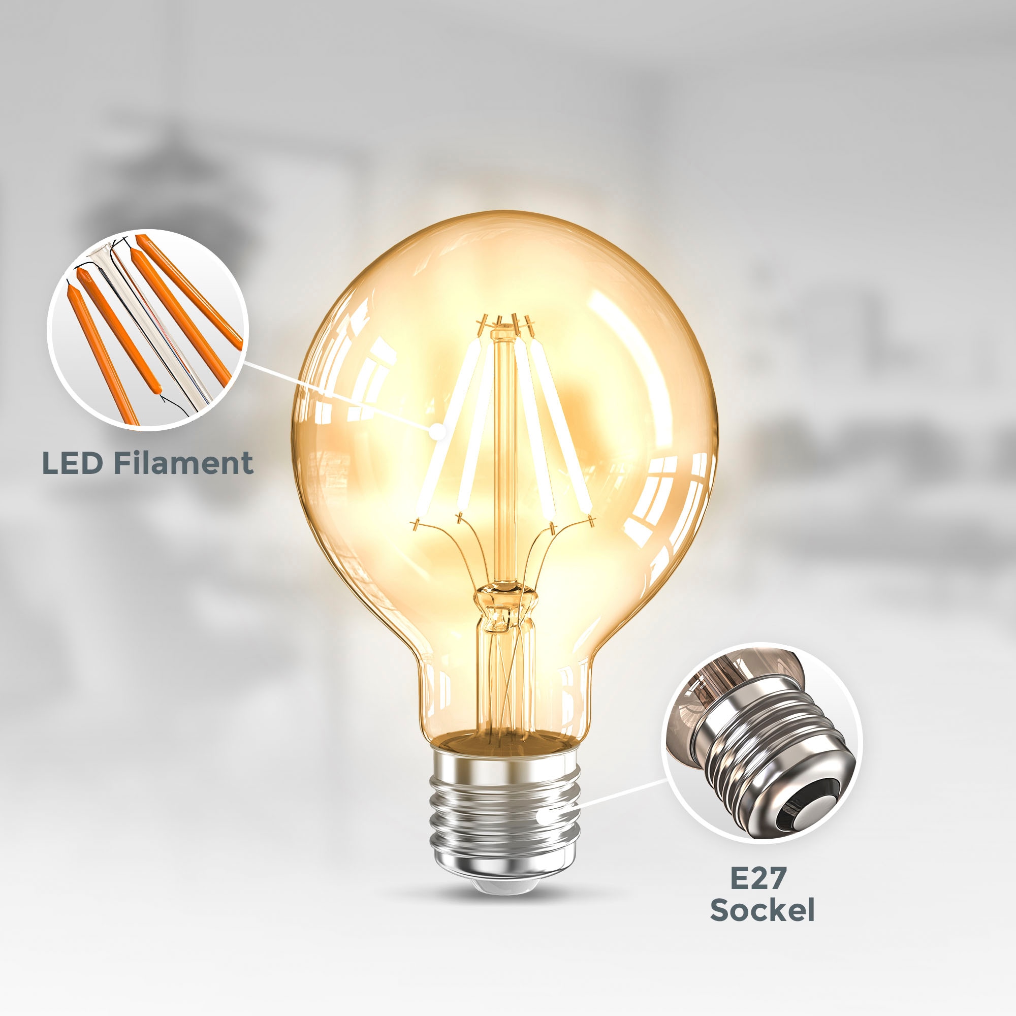 B.K.Licht LED-Leuchtmittel »BK_LM1401 LED Leuchtmittel 3er Set E27 G80«, E27, 3 St., Warmweiß, 2.200 K Edison Vintage Glühbirne Filament