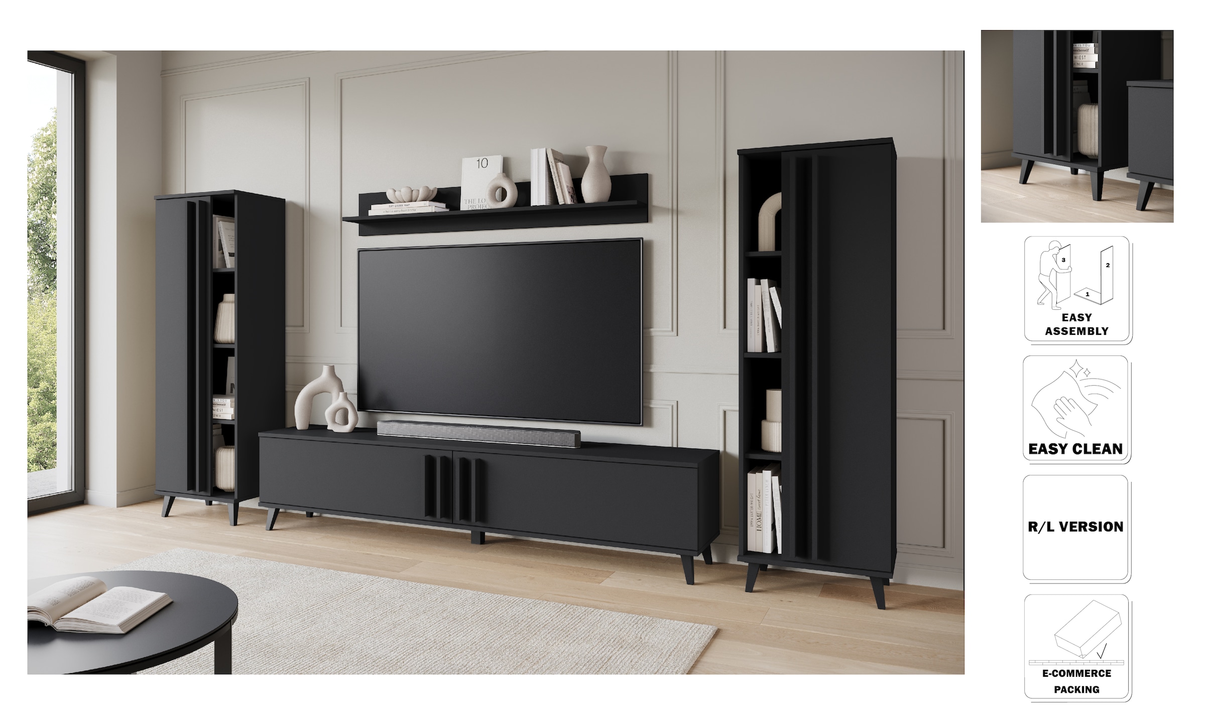 INOSIGN Wohnwand »Helsinki, Modernes Möbelset«, (Komplett-Set, 4 St.), mit lamellengriffen, verstellbaren Einlegeböden und Kunststofffüßen
