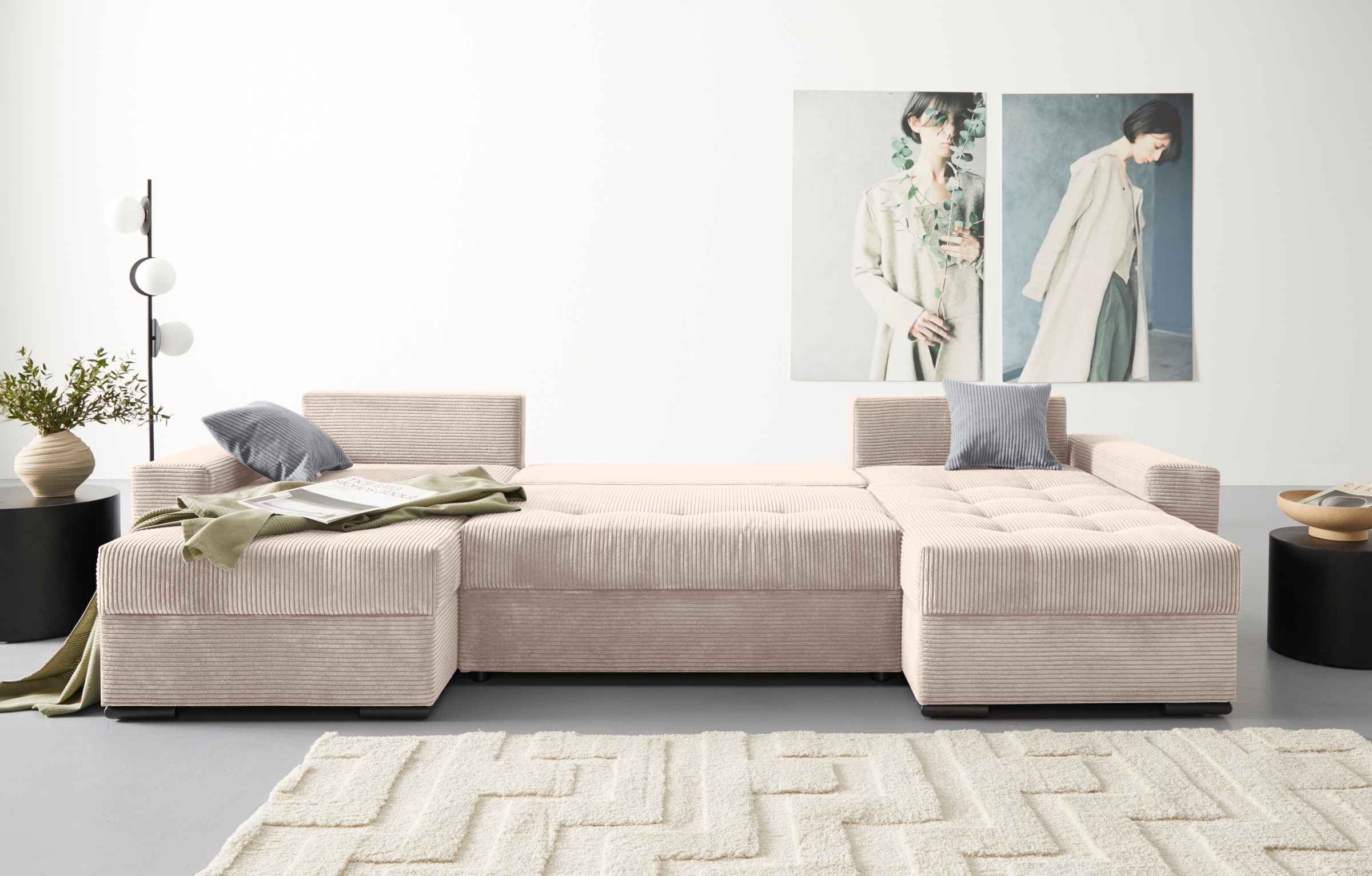 COLLECTION AB Wohnlandschaft »Josy XL U-Form, B: 313 cm in Cord, Cord-Mix« mit Bettfunktion, Bettkasten & 2 Zierkissen, Federkern