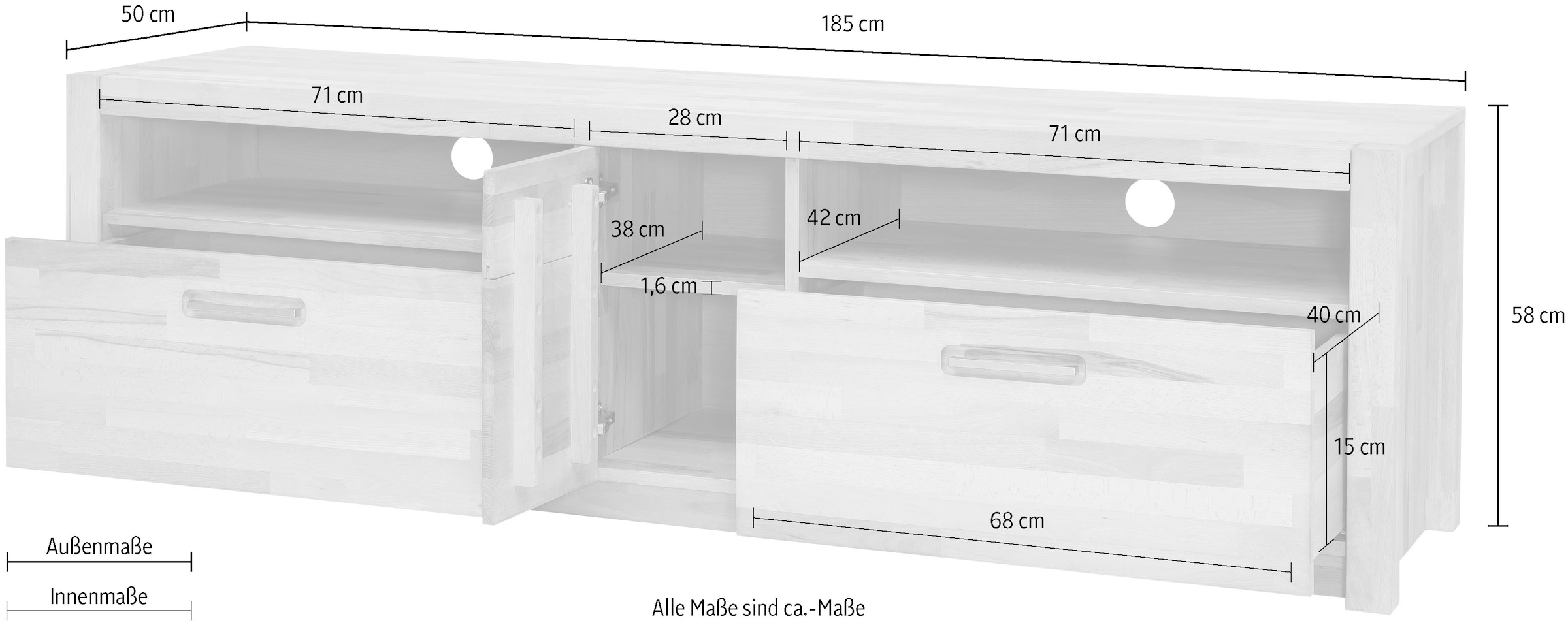MCA living Lowboard »Fenja TV-Element, Kommode,TV-Möbel,Breite 185 cm«, (Set, 1 St., 1 Stück), Massivholz, 2 Schubkästen, 2 offene Fächer, 1 Tür, TV-Größe 70 Zoll