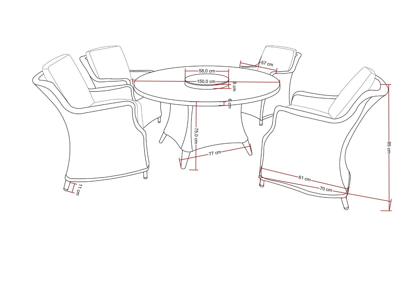 Destiny Garten-Essgruppe »LUNA«, (Set, 14 tlg., 4x Sessel, 1x Tisch Ø 150x75cm mit Drehteller, inkl. Auflagen), Aluminium, Polyrattan