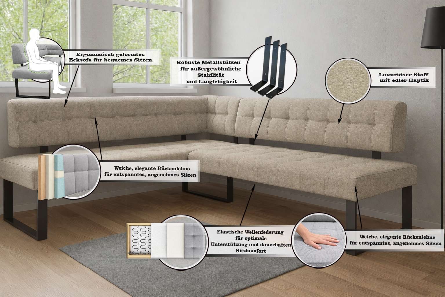 Home affaire Eckbank »Mia Küchenbank, Polsterbank, Esszimmerbank, 207x167 cm« Moderne Bank und  Farben, Sitzplatzanzahl: 5, Frei in Raum stellbar