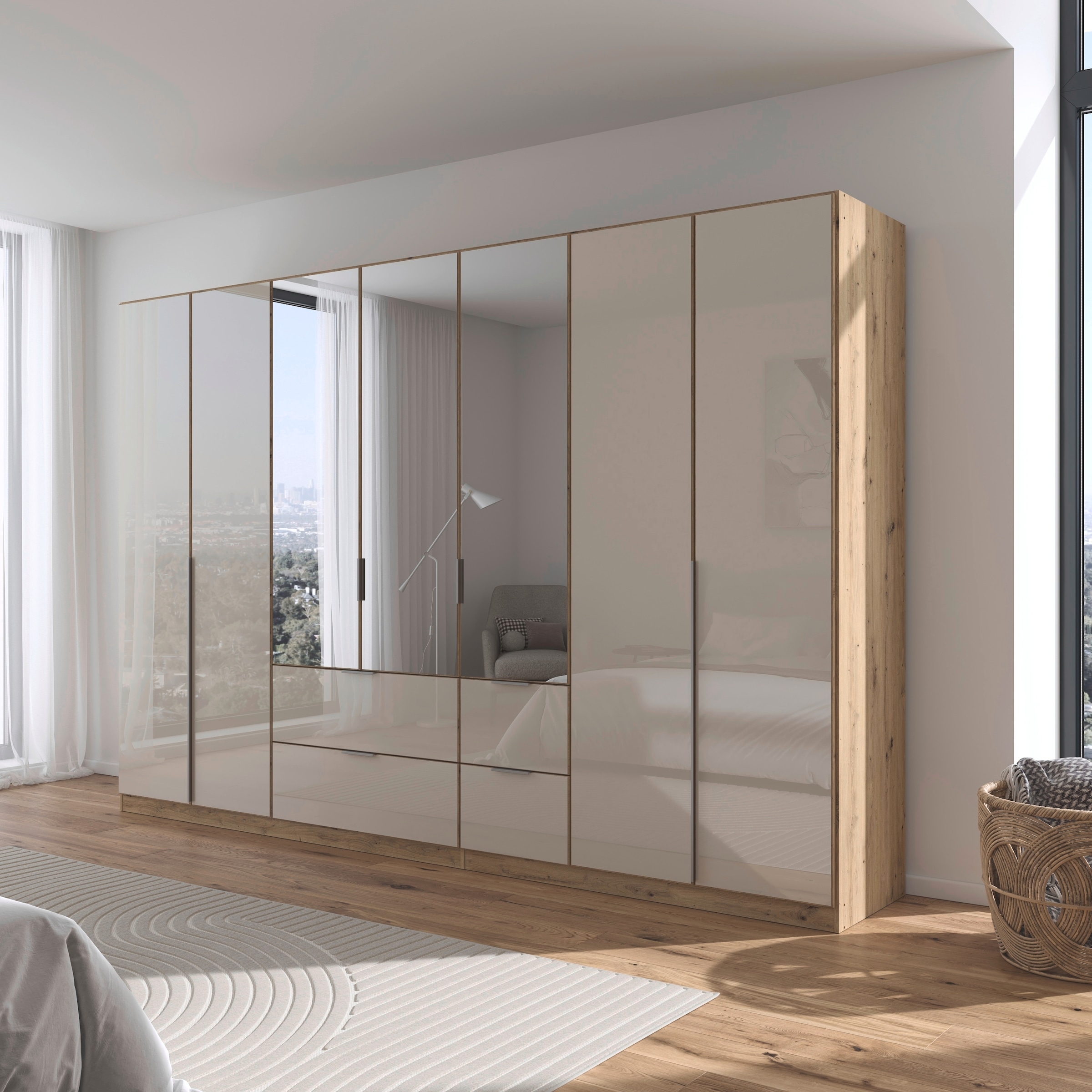rauch Drehtürenschrank »Kleiderschrank Kleiderschränke Schrank Garderobe AGORDO mit Glasfront«, (in zwei Griff-Farben mit Glasfront), mit Außenschubkästen, in 6 Breiten und 2 Höhen MADE IN GERMANY