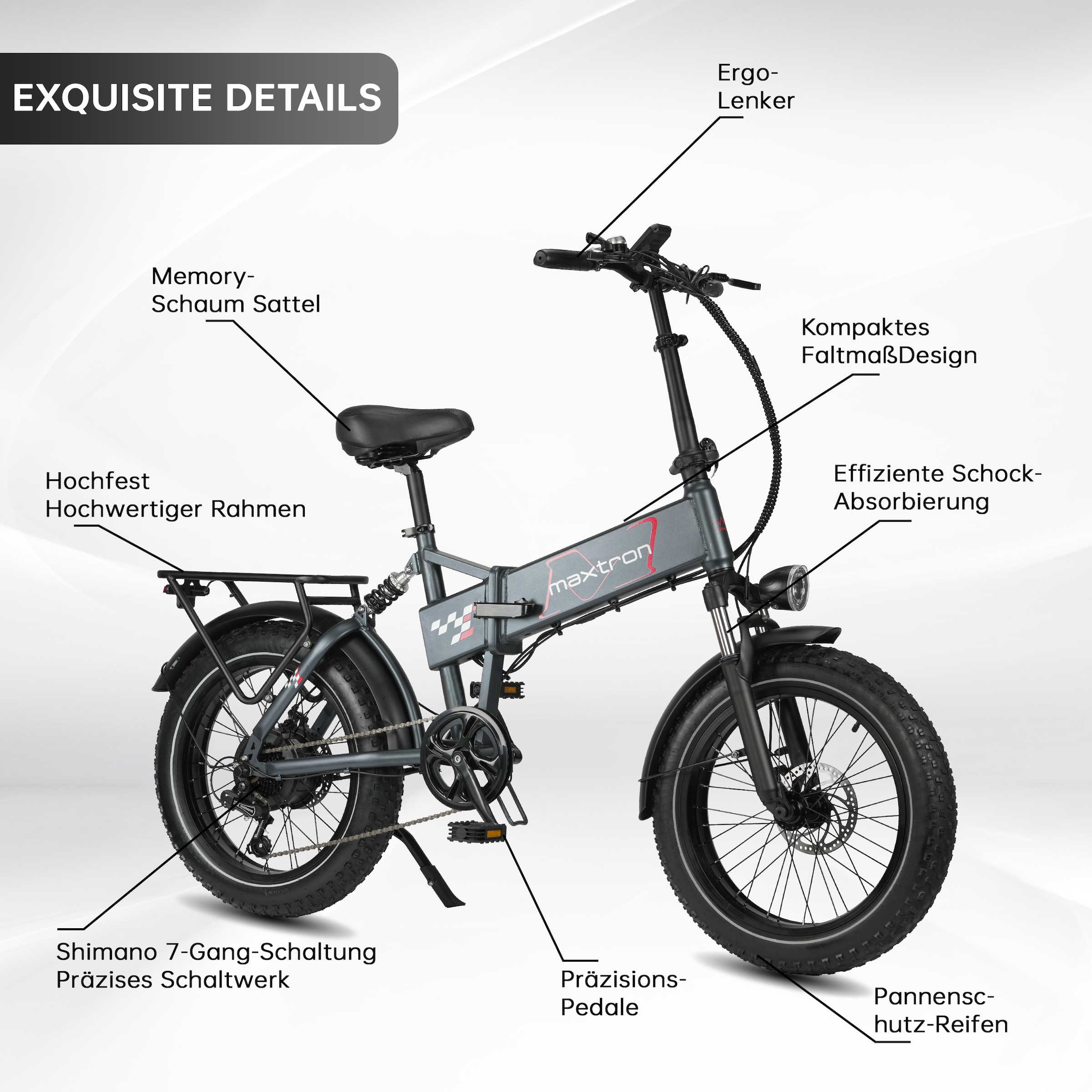 Maxtron »Maxtron Polaris 20-Zoll Elektro-Fatbike« 7 Gang Shimano Kettenschaltung Heckmotor 250 W Packung,  mit 60 Nm Power – perfekt für City-Pendler