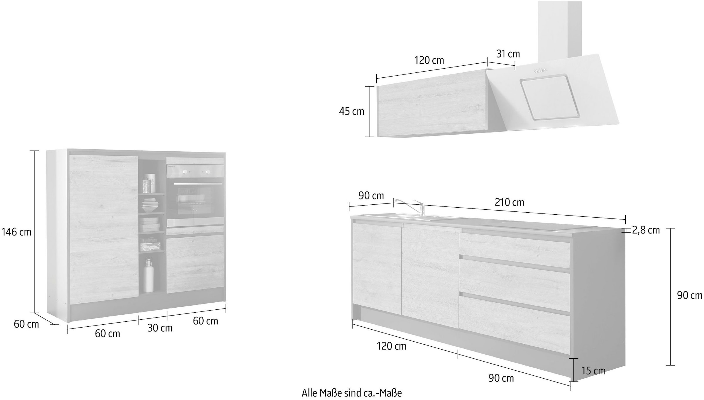 BASIC by Balculina Küchenzeile »Less«, (Set), mit E-Geräten, Breite 210+150 cm